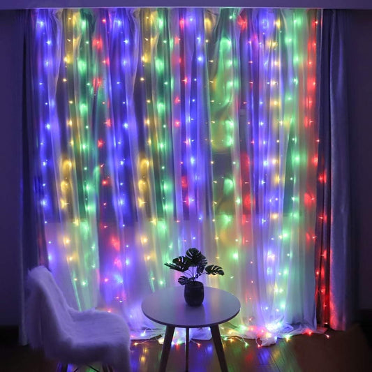 Instalatie Craciun Yoto, Tip Perdea, 2 m x 1 m, 120 LED-uri, Prelungitor 1.5 m, 8 Jocuri de Lumini, Interconectabila, Fir transparent, Interior/Exterior, Multicolor-1