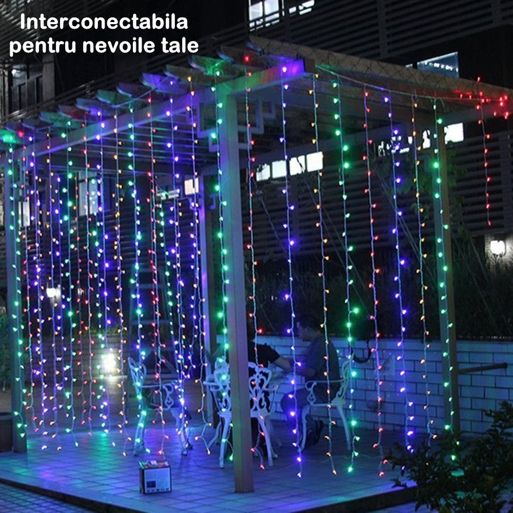 Instalatie Craciun Yoto, Tip Perdea, 2 m x 1 m, 120 LED-uri, Prelungitor 1.5 m, 8 Jocuri de Lumini, Interconectabila, Fir transparent, Interior/Exterior, Multicolor-3