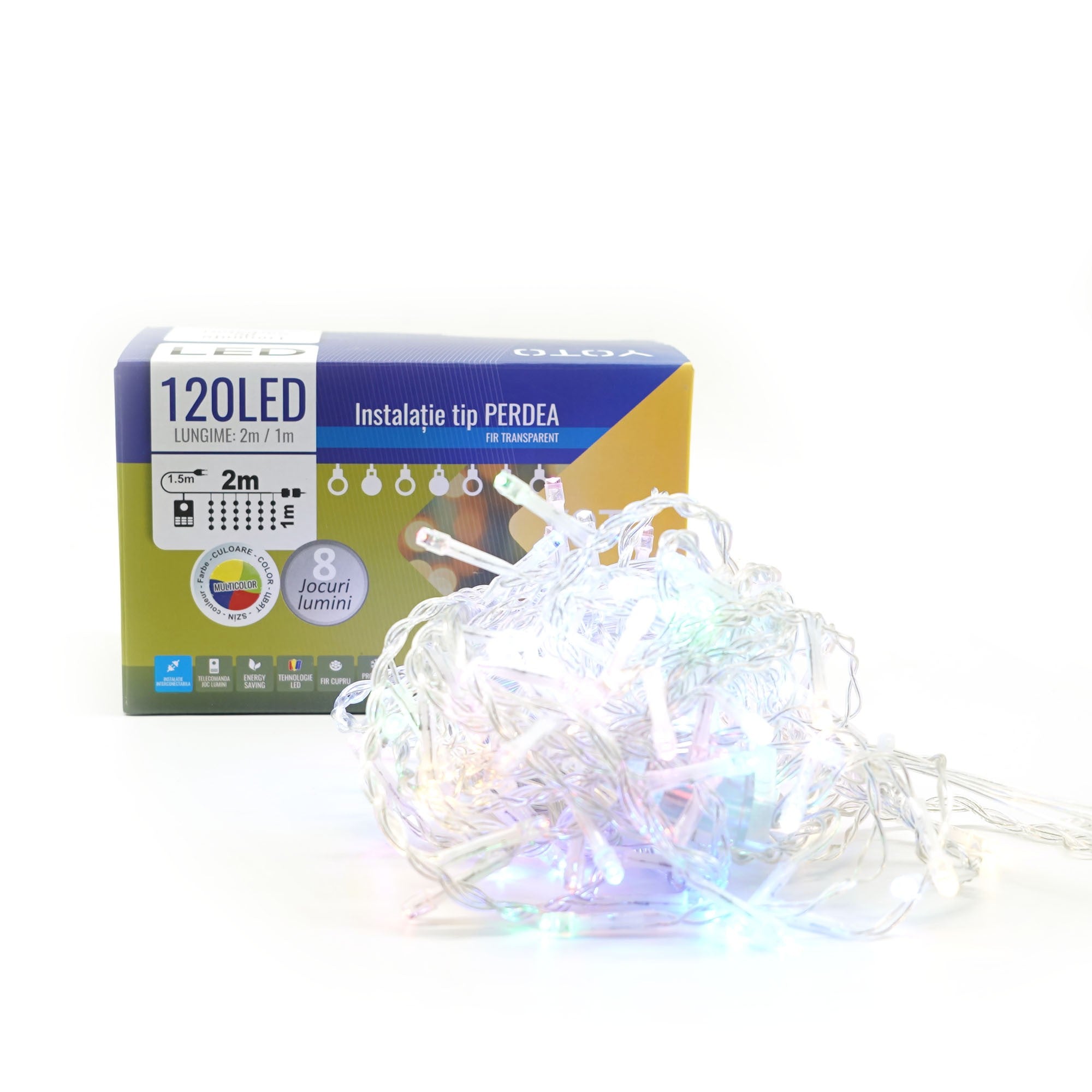 Instalatie Craciun Yoto, Tip Perdea, 2 m x 1 m, 120 LED-uri, Prelungitor 1.5 m, 8 Jocuri de Lumini, Interconectabila, Fir transparent, Interior/Exterior, Multicolor-6