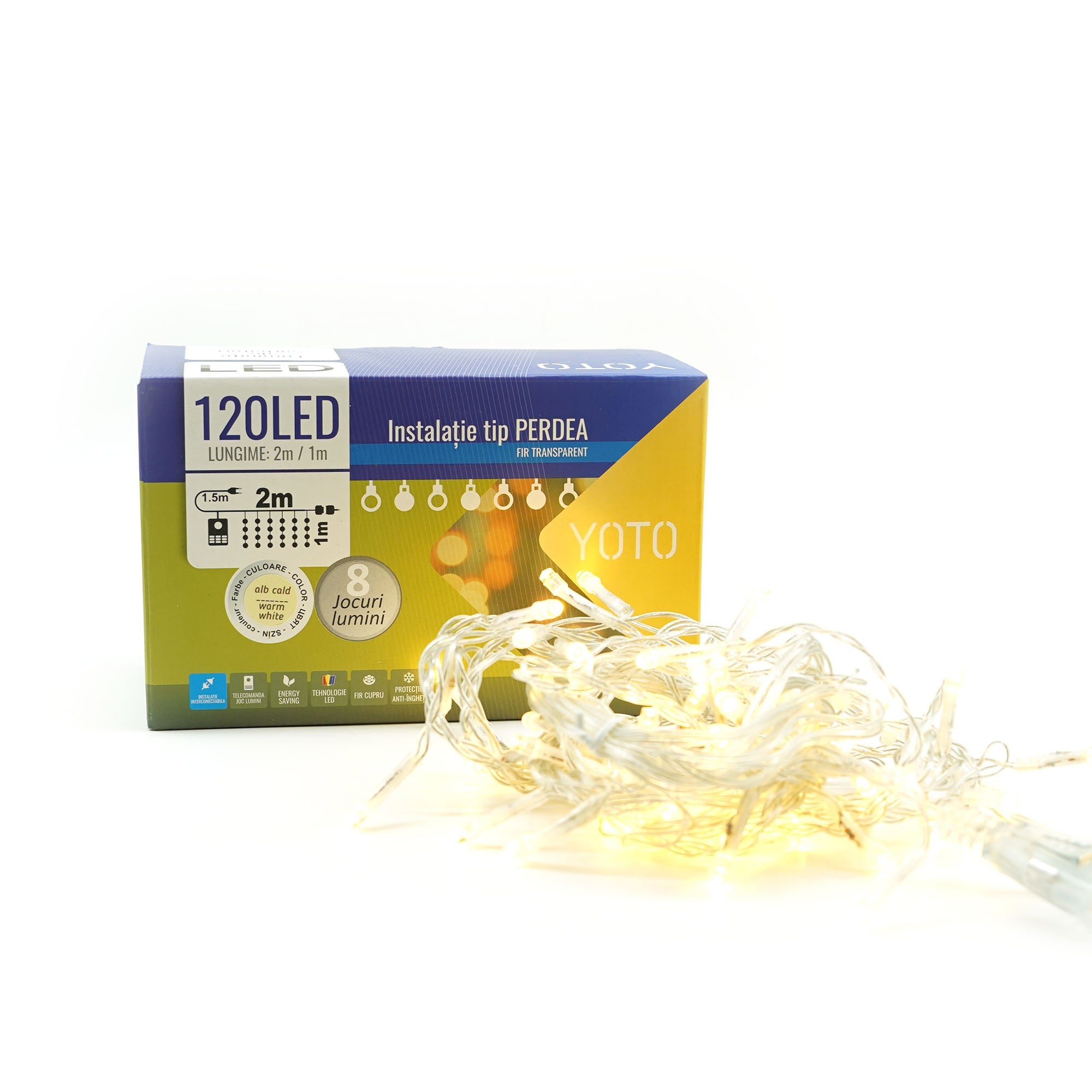 Instalatie Craciun Yoto, Tip Perdea, 2 m x 1 m, 120 LED-uri, Prelungitor 1.5 m, 8 Jocuri de Lumini, Interconectabila, Fir transparent, Interior/Exterior, Alb Cald-6