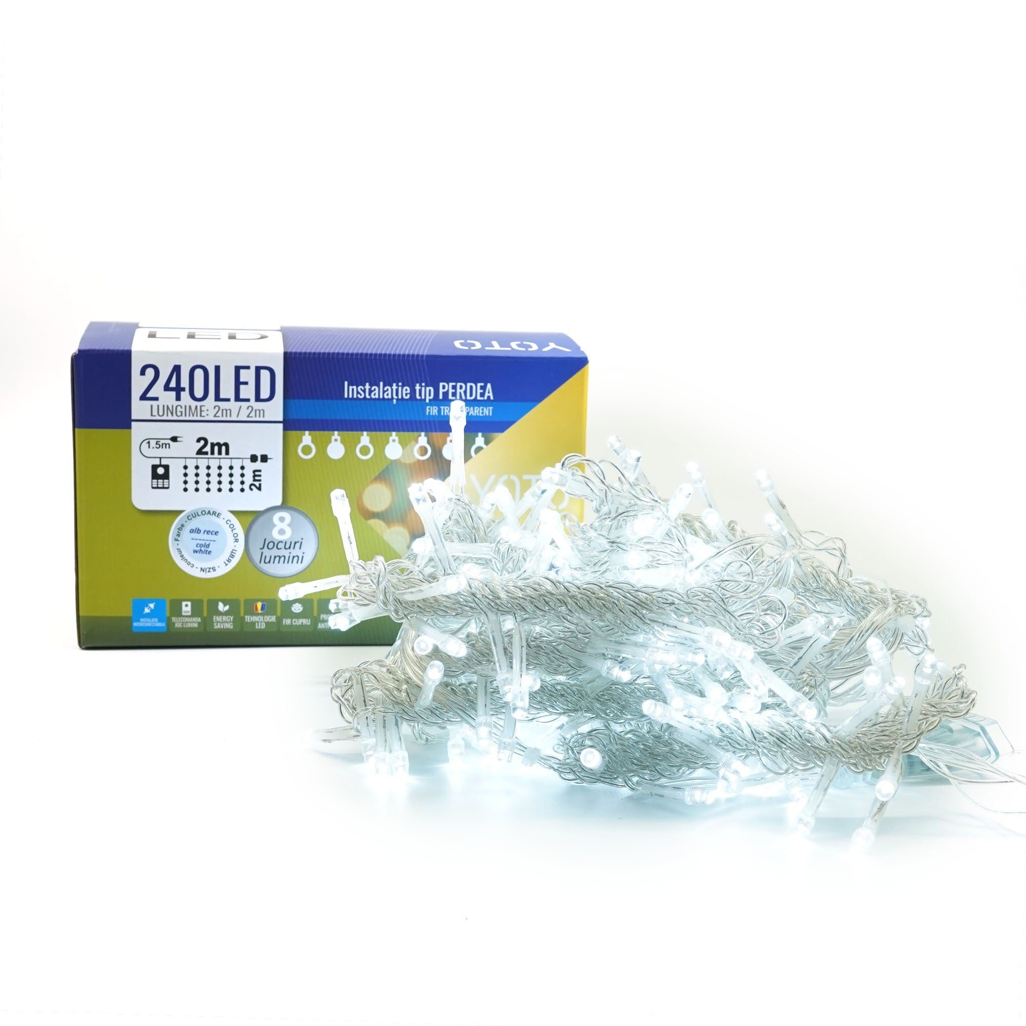 Instalatie Craciun Yoto, Tip Perdea, 2 m x 2 m, 240 LED-uri, Prelungitor 1.5 m, 8 Jocuri de Lumini, Interconectabila, Fir transparent, Interior/Exterior, Alb Rece-7