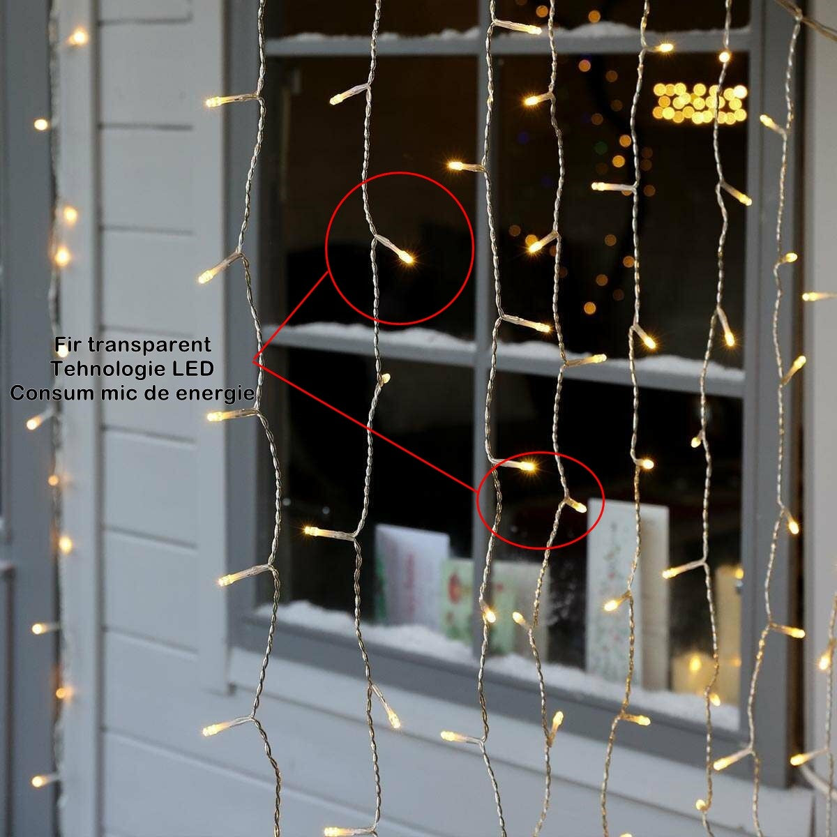 Instalatie Craciun Yoto, Tip Perdea, 2 m x 2 m, 240 LED-uri, Prelungitor 1.5 m, 8 Jocuri de Lumini, Interconectabila, Fir transparent, Interior/Exterior, Alb Cald-3