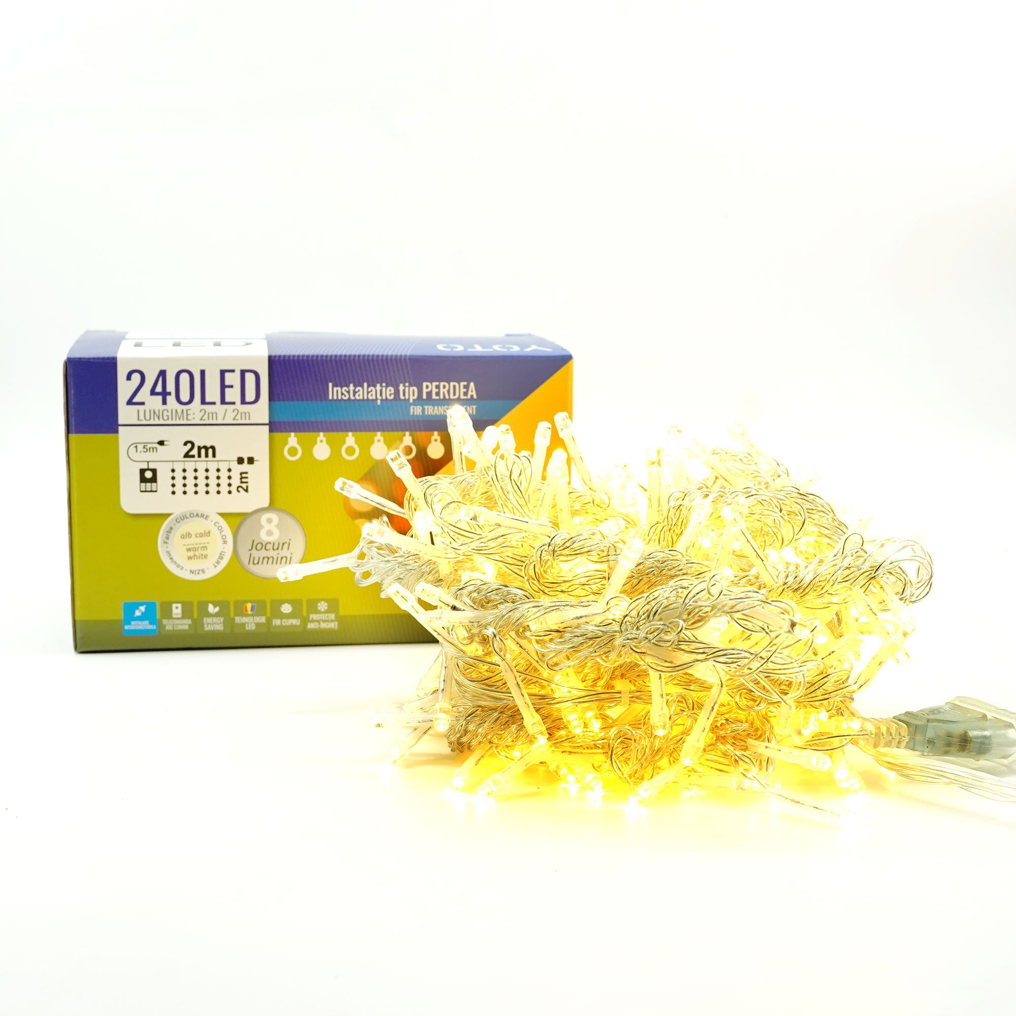Instalatie Craciun Yoto, Tip Perdea, 2 m x 2 m, 240 LED-uri, Prelungitor 1.5 m, 8 Jocuri de Lumini, Interconectabila, Fir transparent, Interior/Exterior, Alb Cald-5