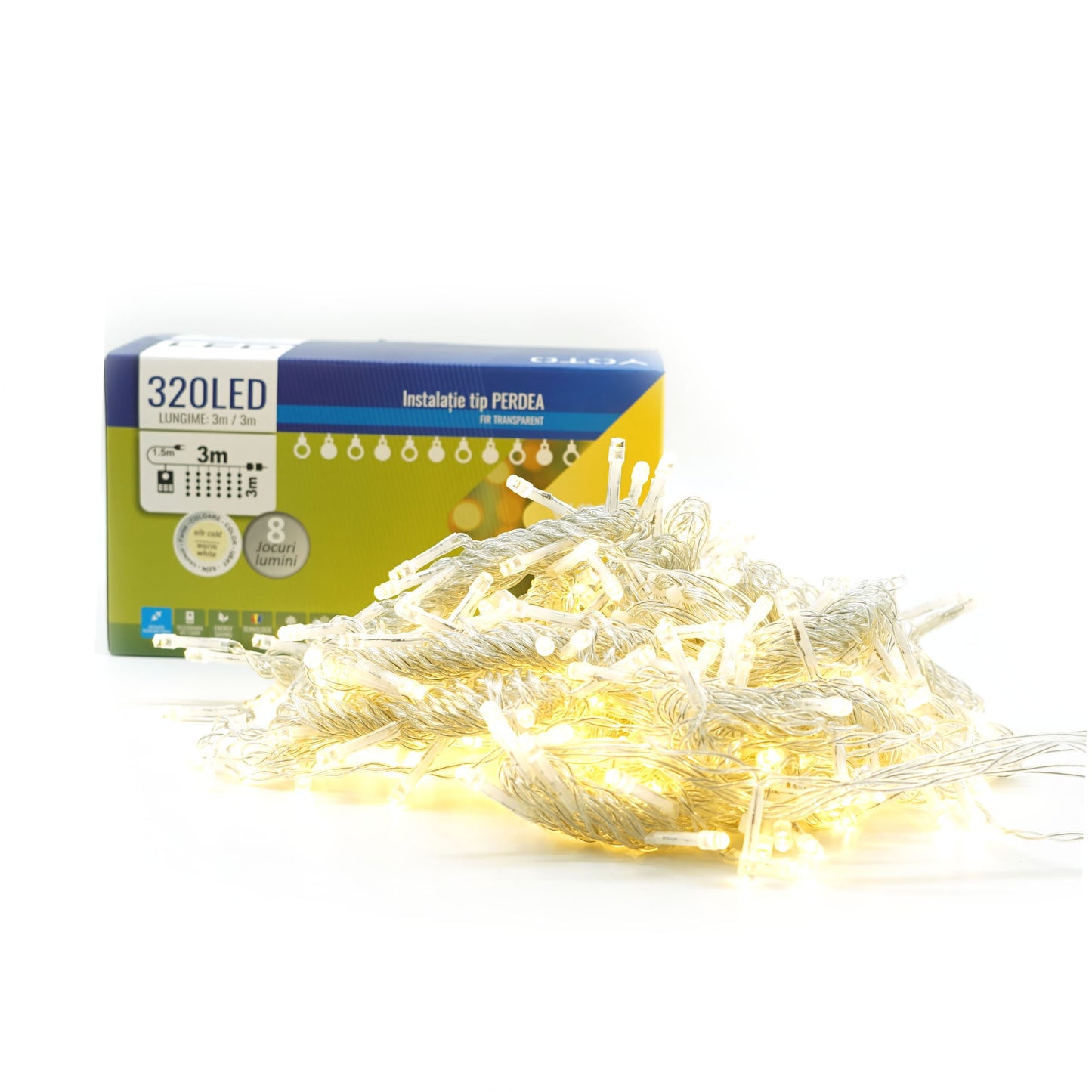 Instalatie Craciun Yoto, Tip Perdea, 3 m x 3 m, 320 LED-uri, Prelungitor 1.5 m, 8 Jocuri de Lumini, Interconectabila, Fir transparent, Interior/Exterior, Alb Cald-5