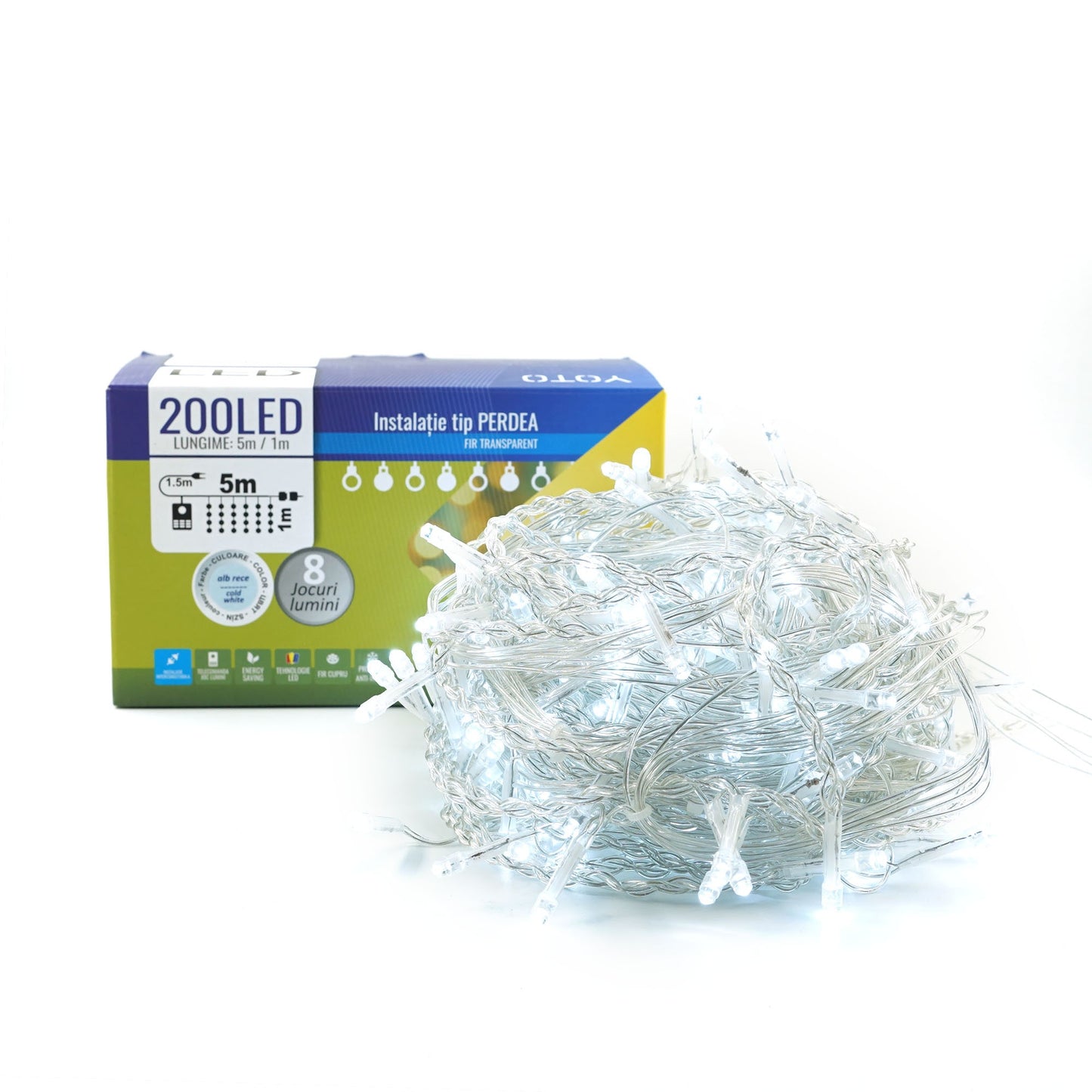 Instalatie Craciun Yoto, Tip Perdea, 5 m x 1 m, 200 LED-uri, Prelungitor 1.5 m, 8 Jocuri de Lumini, Interconectabila, Fir transparent, Interior/Exterior, Alb Rece-5