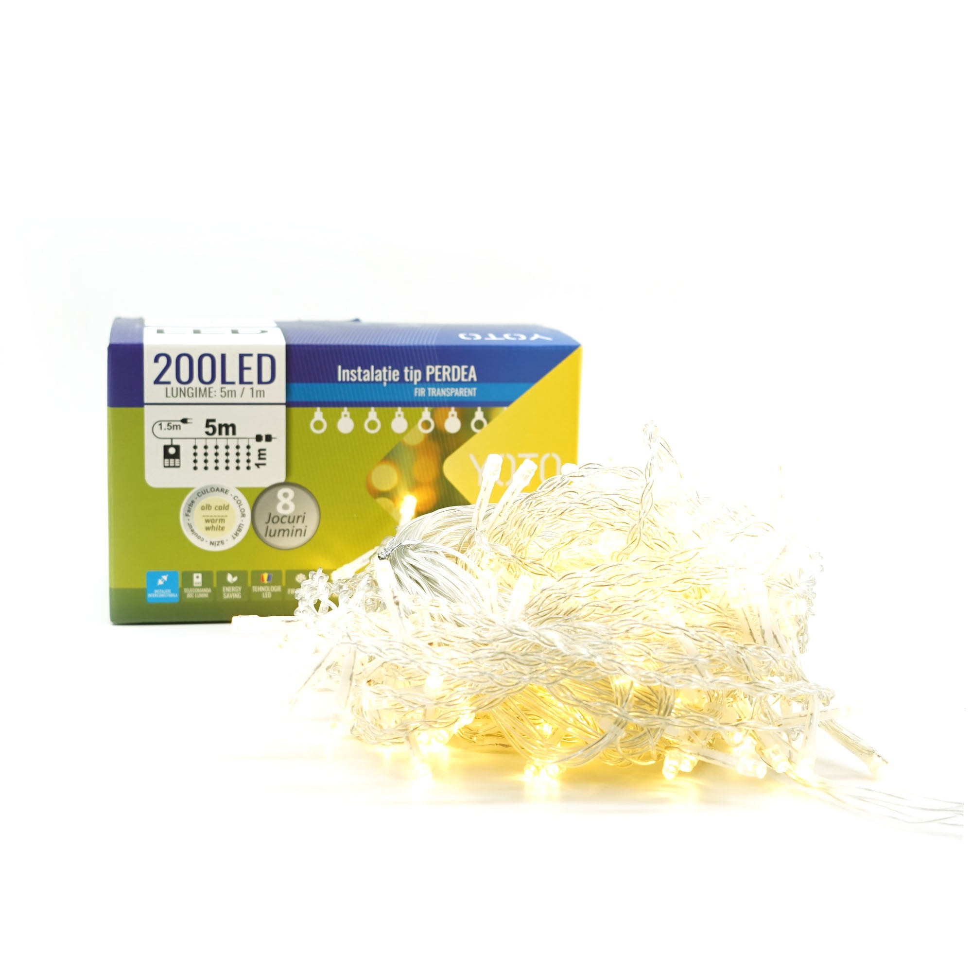 Instalatie Craciun Yoto, Tip Perdea, 5 m x 1 m, 200 LED-uri, Prelungitor 1.5 m, 8 Jocuri de Lumini, Interconectabila, Fir transparent, Interior/Exterior, Alb Cald-5