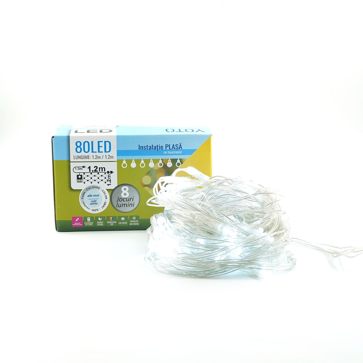 Instalatie Craciun Yoto, Tip Plasa, 1.2 m x 1.2 m, 80 LED-uri, Prelungitor 1.5 m, 8 Jocuri de Lumini, Interconectabila, Fir transparent, Interior/Exterior, Alb Rece-7
