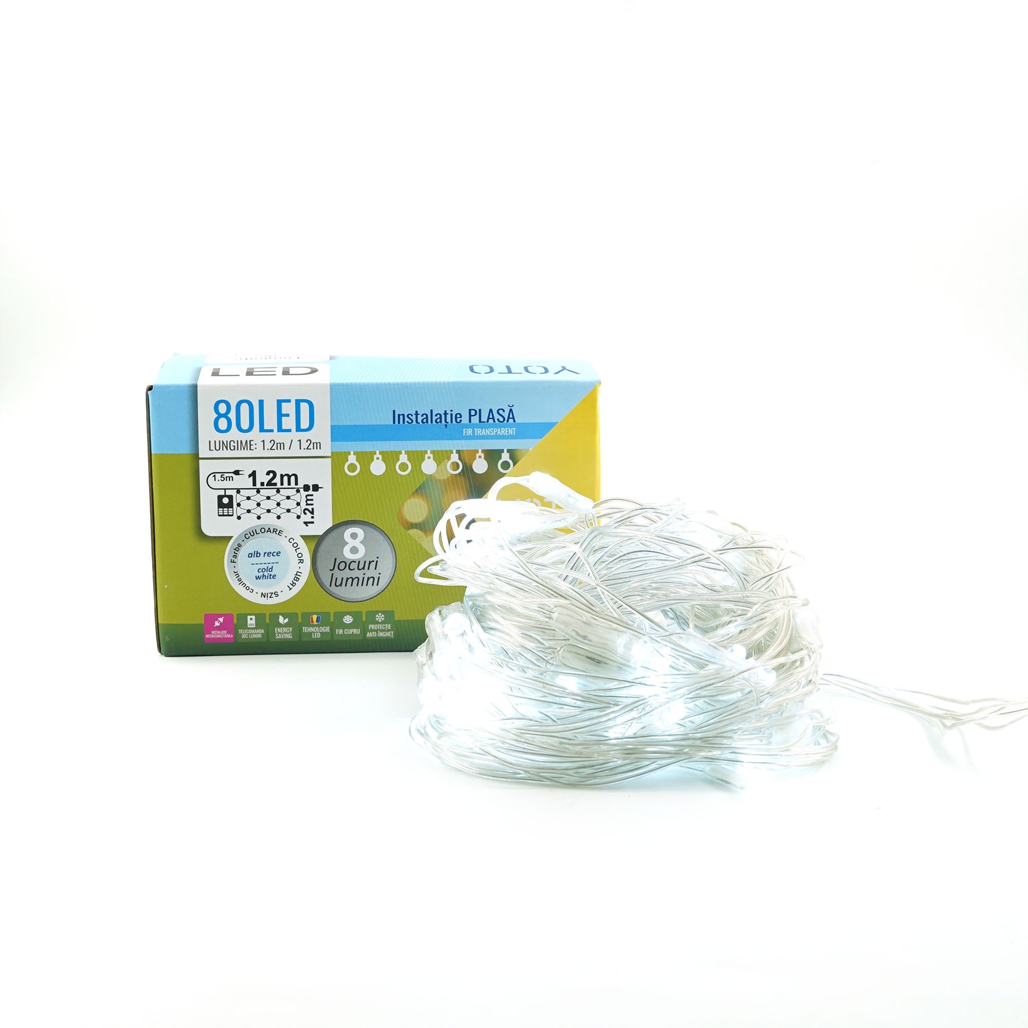 Instalatie Craciun Yoto, Tip Plasa, 1.2 m x 1.2 m, 80 LED-uri, Prelungitor 1.5 m, 8 Jocuri de Lumini, Interconectabila, Fir transparent, Interior/Exterior, Alb Rece-8