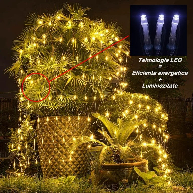 Instalatie Craciun Yoto, Tip Plasa, 1.2 m x 1.2 m, 80 LED-uri, Prelungitor 1.5 m, 8 Jocuri de Lumini, Interconectabila, Fir transparent, Interior/Exterior, Alb Cald-1