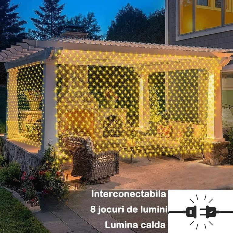 Instalatie Craciun Yoto, Tip Plasa, 1.2 m x 1.2 m, 80 LED-uri, Prelungitor 1.5 m, 8 Jocuri de Lumini, Interconectabila, Fir transparent, Interior/Exterior, Alb Cald-2