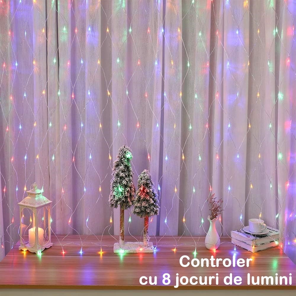 Instalatie Craciun Yoto, Tip Plasa, 1.5 m x 1.5 m, 120 LED-uri, Prelungitor 1.5 m, 8 Jocuri de Lumini, Interconectabila, Fir transparent, Interior/Exterior, Multicolor-1