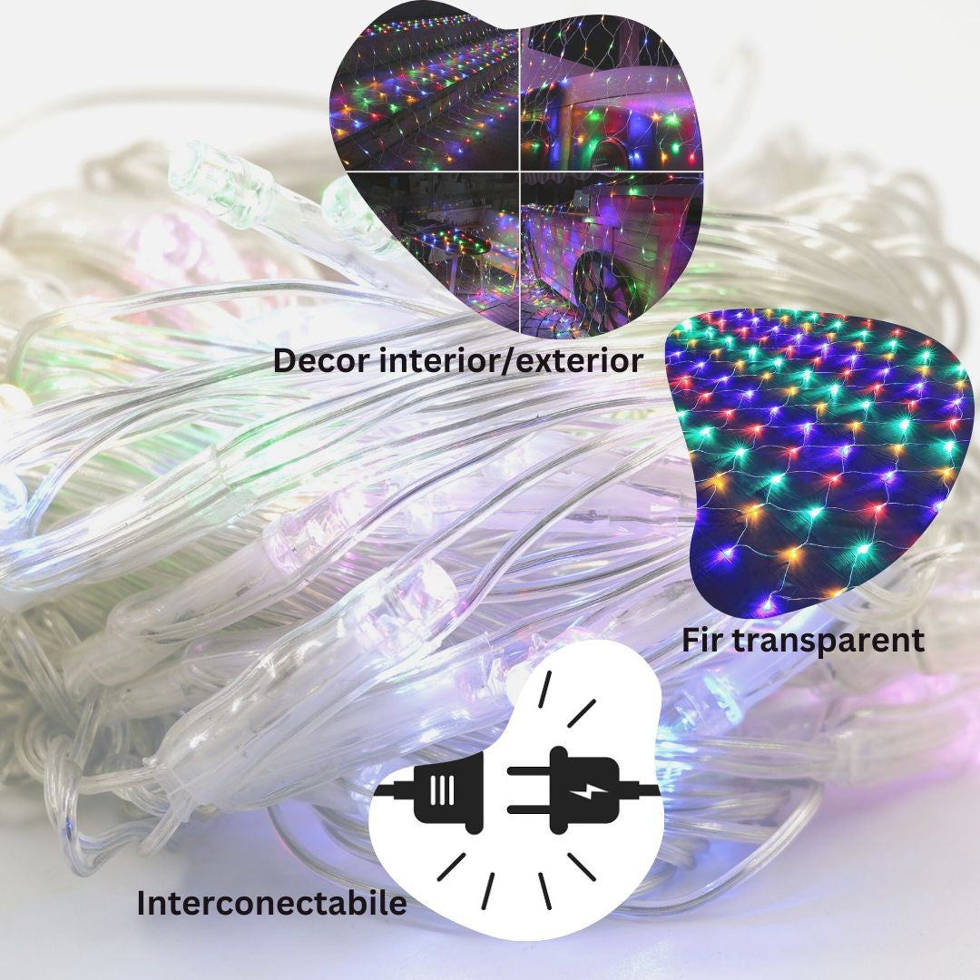 Instalatie Craciun Yoto, Tip Plasa, 1.5 m x 1.5 m, 120 LED-uri, Prelungitor 1.5 m, 8 Jocuri de Lumini, Interconectabila, Fir transparent, Interior/Exterior, Multicolor-2