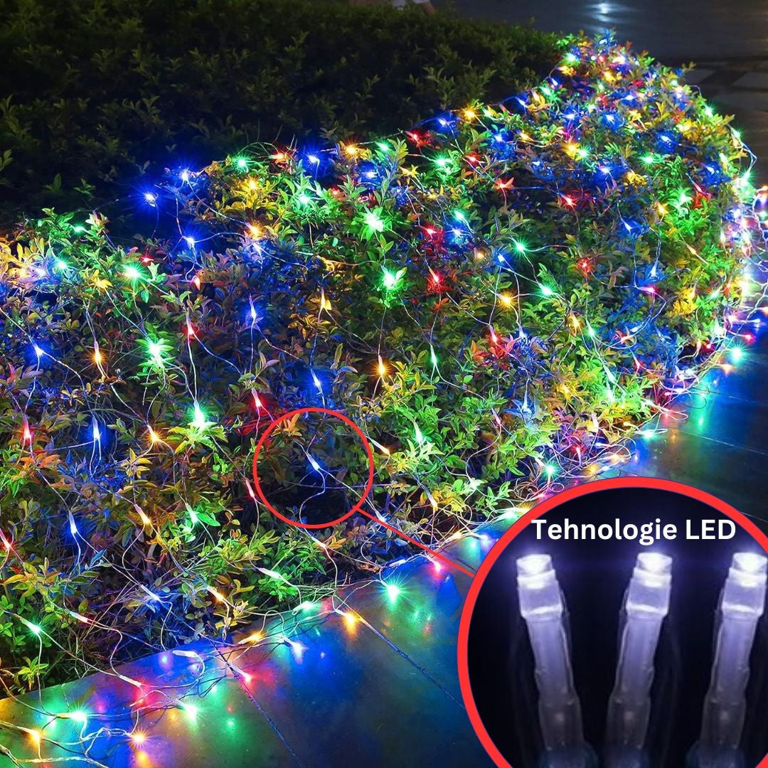 Instalatie Craciun Yoto, Tip Plasa, 1.5 m x 1.5 m, 120 LED-uri, Prelungitor 1.5 m, 8 Jocuri de Lumini, Interconectabila, Fir transparent, Interior/Exterior, Multicolor-4