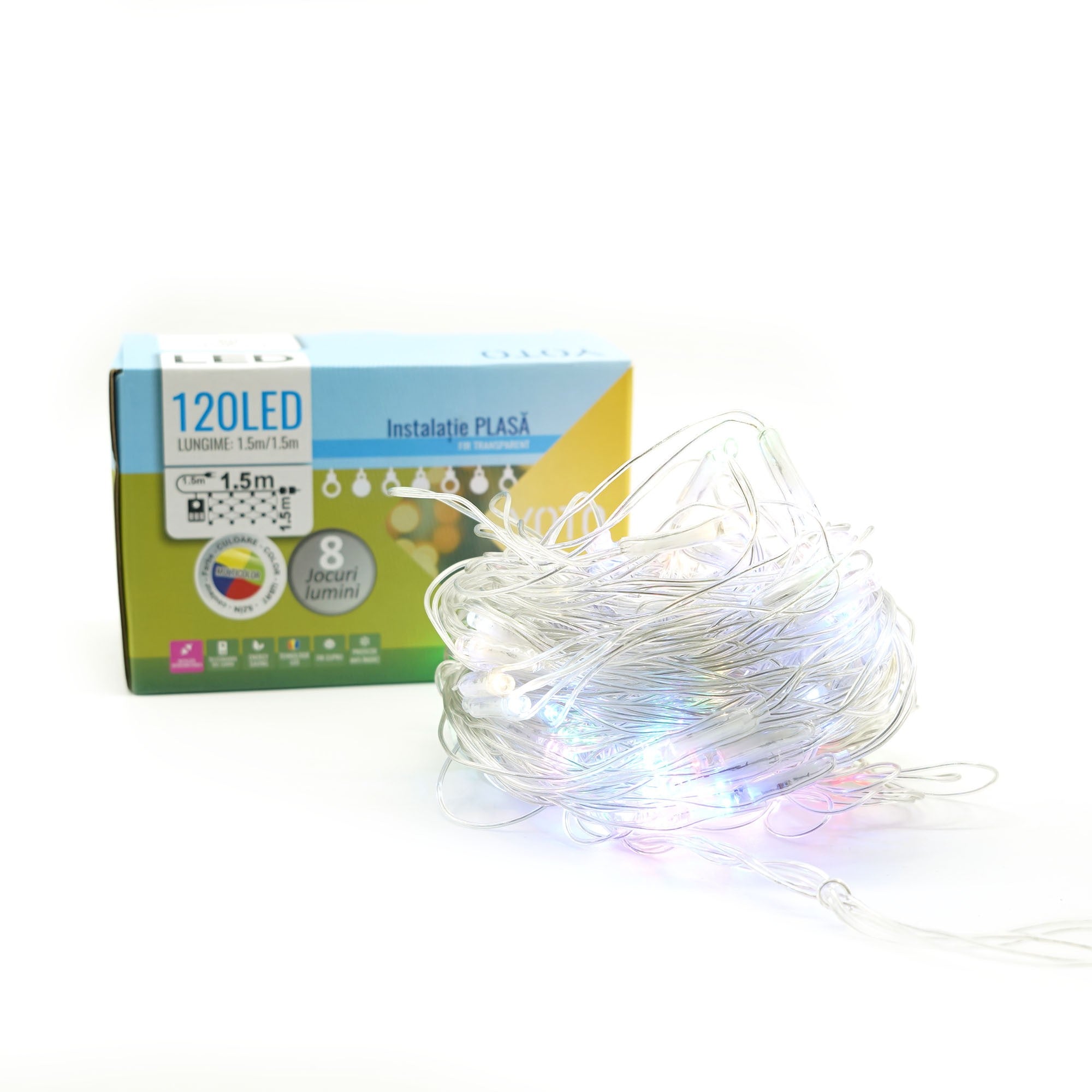 Instalatie Craciun Yoto, Tip Plasa, 1.5 m x 1.5 m, 120 LED-uri, Prelungitor 1.5 m, 8 Jocuri de Lumini, Interconectabila, Fir transparent, Interior/Exterior, Multicolor-6