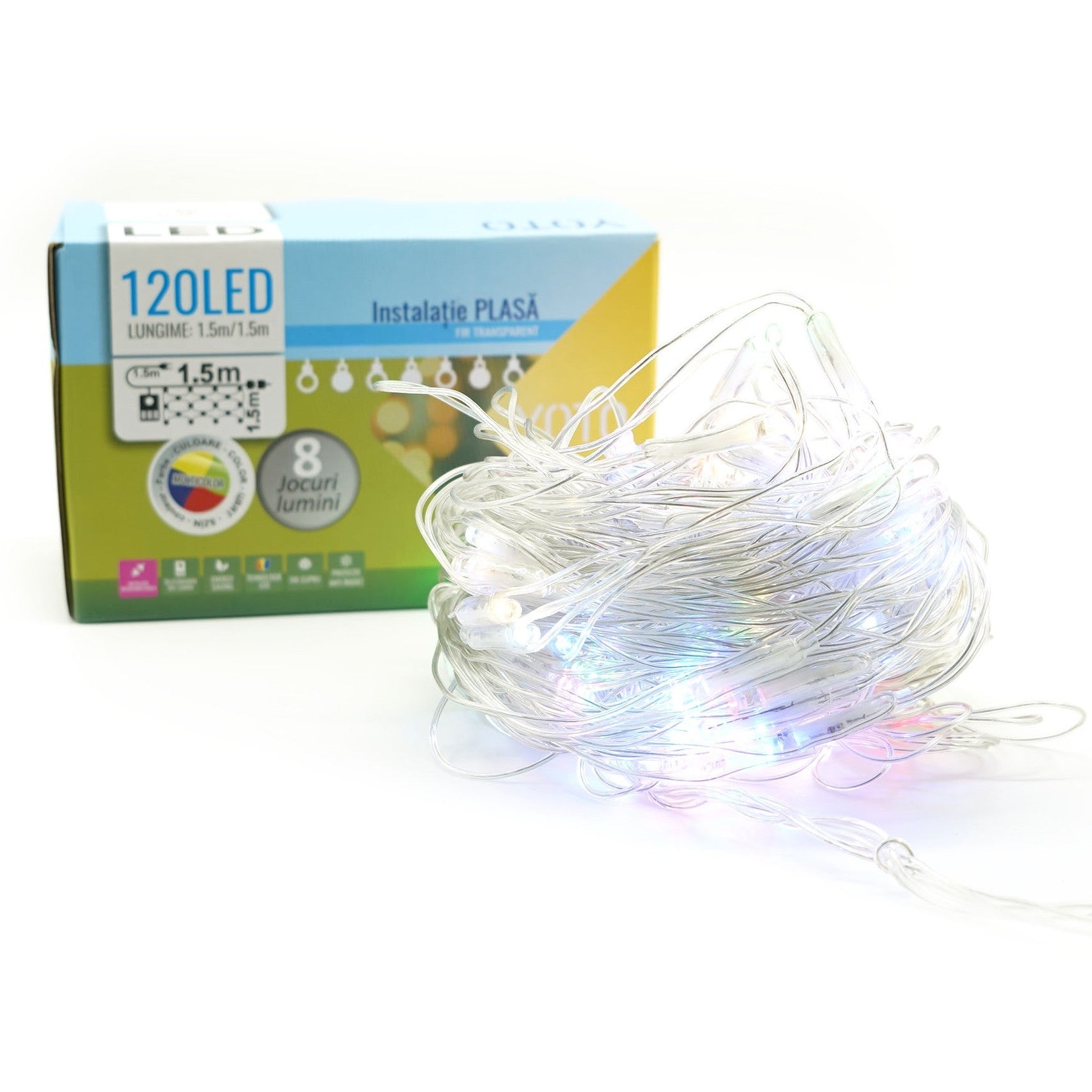Instalatie Craciun Yoto, Tip Plasa, 2 m x 2 m, 160 LED-uri, Prelungitor 1.5 m, 8 Jocuri de Lumini, Interconectabila, Fir transparent, Interior/Exterior, Multicolor-6