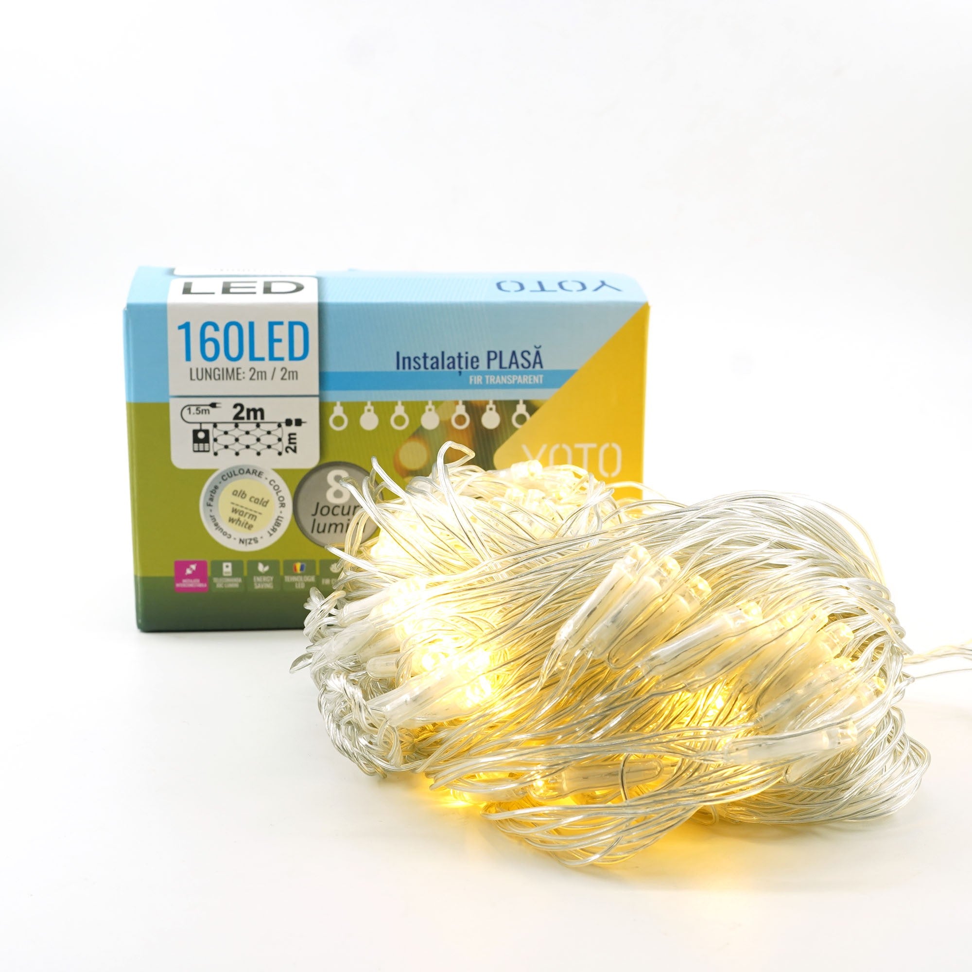 Instalatie Craciun Yoto, Tip Plasa, 2 m x 2 m, 160 LED-uri, Prelungitor 1.5 m, 8 Jocuri de Lumini, Interconectabila, Fir transparent, Interior/Exterior, Alb Cald-4