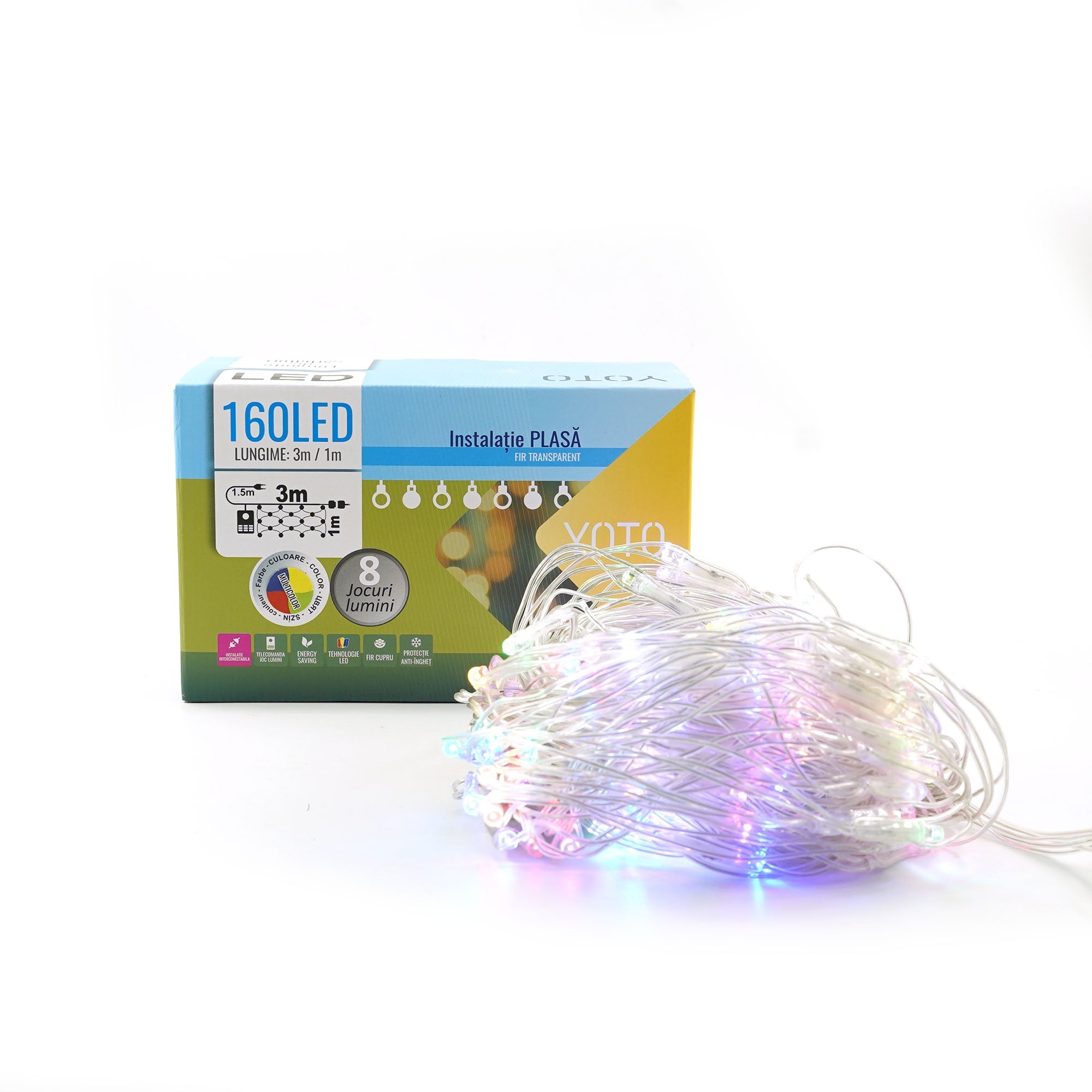 Instalatie Craciun Yoto, Tip Plasa, 3 m x 1 m, 160 LED-uri, Prelungitor 1.5 m, 8 Jocuri de Lumini, Interconectabila, Fir transparent, Interior/Exterior, Multicolor-6