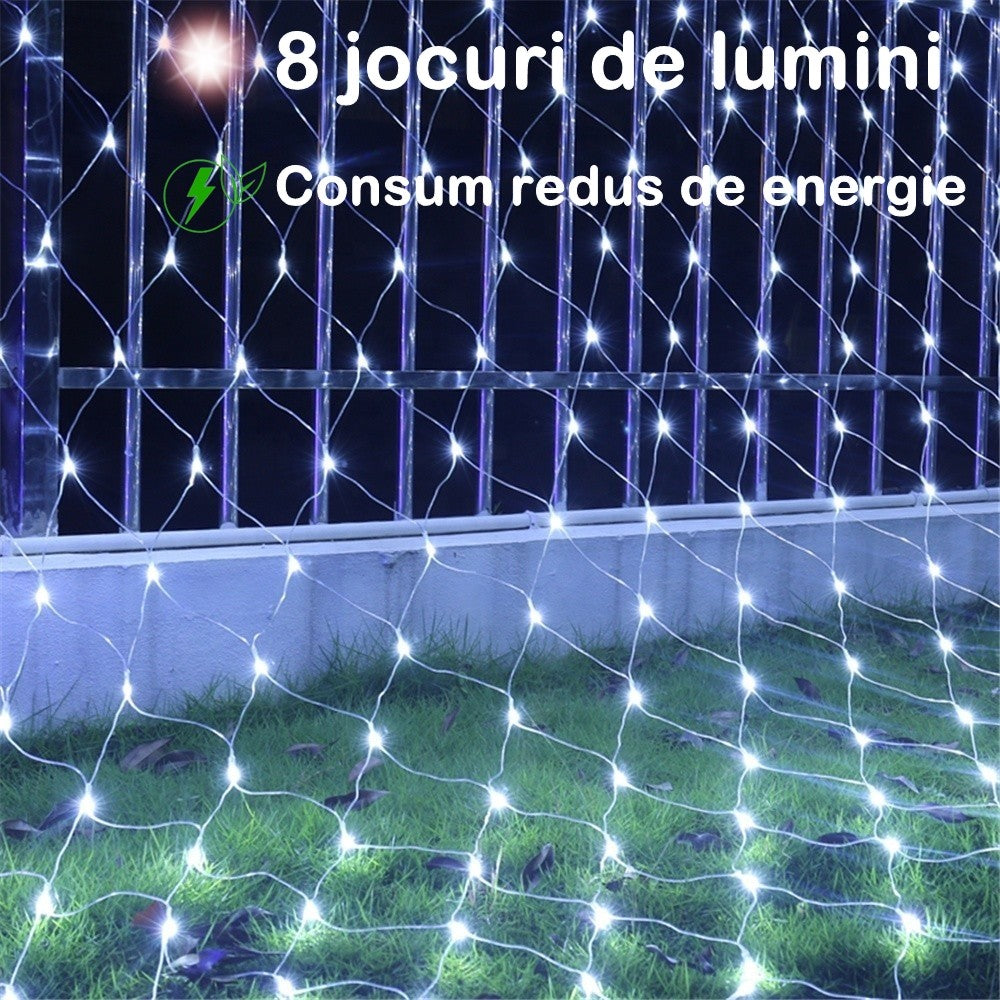 Instalatie Craciun Yoto, Tip Plasa, 3 m x 1 m, 160 LED-uri, Prelungitor 1.5 m, 8 Jocuri de Lumini, Interconectabila, Fir transparent, Interior/Exterior, Alb Rece-1