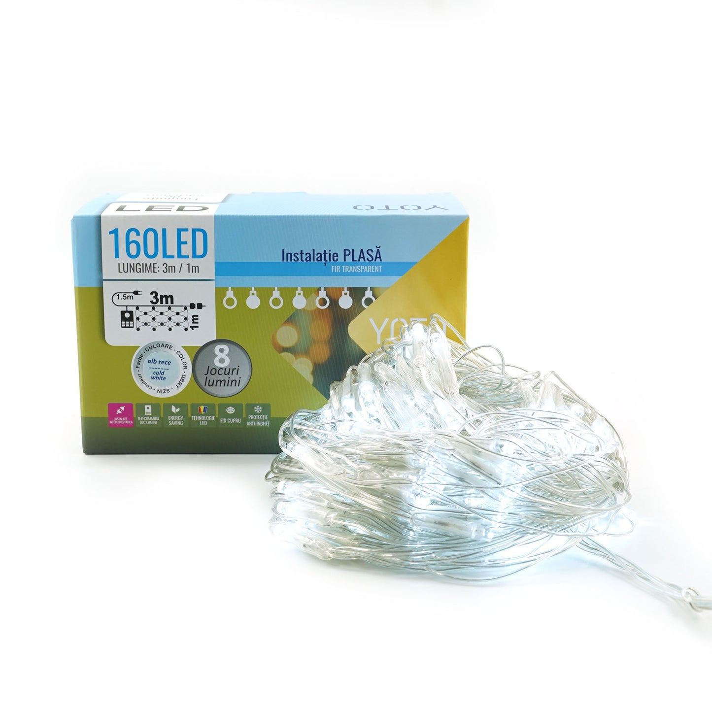 Instalatie Craciun Yoto, Tip Plasa, 3 m x 1 m, 160 LED-uri, Prelungitor 1.5 m, 8 Jocuri de Lumini, Interconectabila, Fir transparent, Interior/Exterior, Alb Rece-7