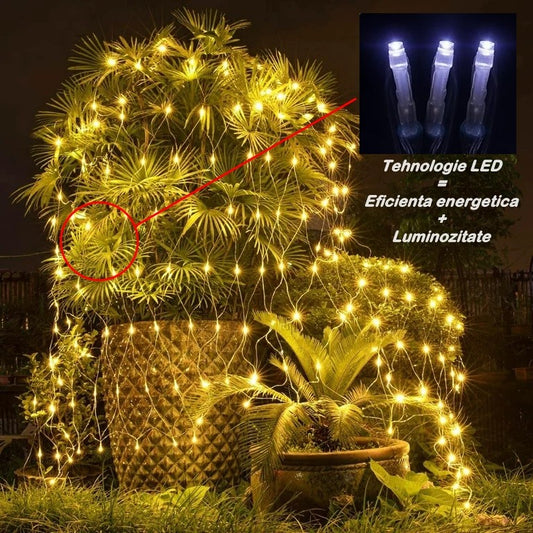 Instalatie Craciun Yoto, Tip Plasa, 3 m x 1 m, 160 LED-uri, Prelungitor 1.5 m, 8 Jocuri de Lumini, Interconectabila, Fir transparent, Interior/Exterior, Alb Cald-1