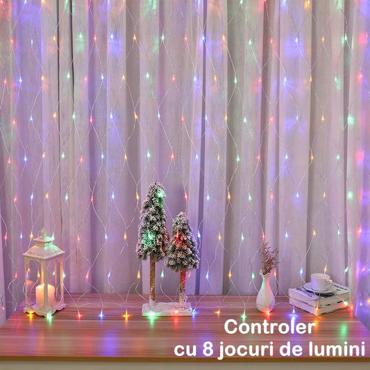 Instalatie Craciun Yoto, Tip Plasa, 3 m x 3 m, 320 LED-uri, Prelungitor 1.5 m, 8 Jocuri de Lumini, Interconectabila, Fir transparent, Interior/Exterior, Multicolor-1