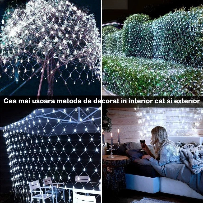 Instalatie Craciun Yoto, Tip Plasa, 3 m x 3 m, 320 LED-uri, Prelungitor 1.5 m, 8 Jocuri de Lumini, Interconectabila, Fir transparent, Interior/Exterior, Alb Rece-3