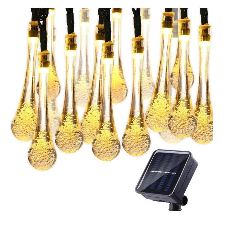 Instalatie Solara 6 m, 28 Led-uri cu Ornament tip picatura de apa, Liniara, Fir negru, Interior, Exterior, Alb Cald-0