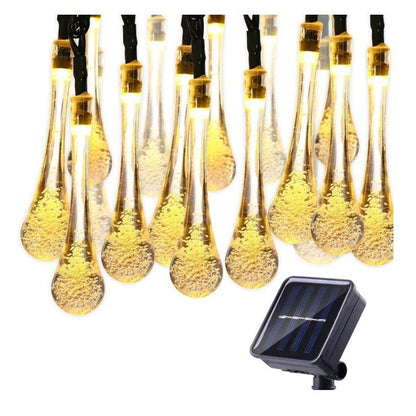 Instalatie Solara 6 m, 28 Led-uri cu Ornament tip picatura de apa, Liniara, Fir negru, Interior, Exterior, Alb Cald-0