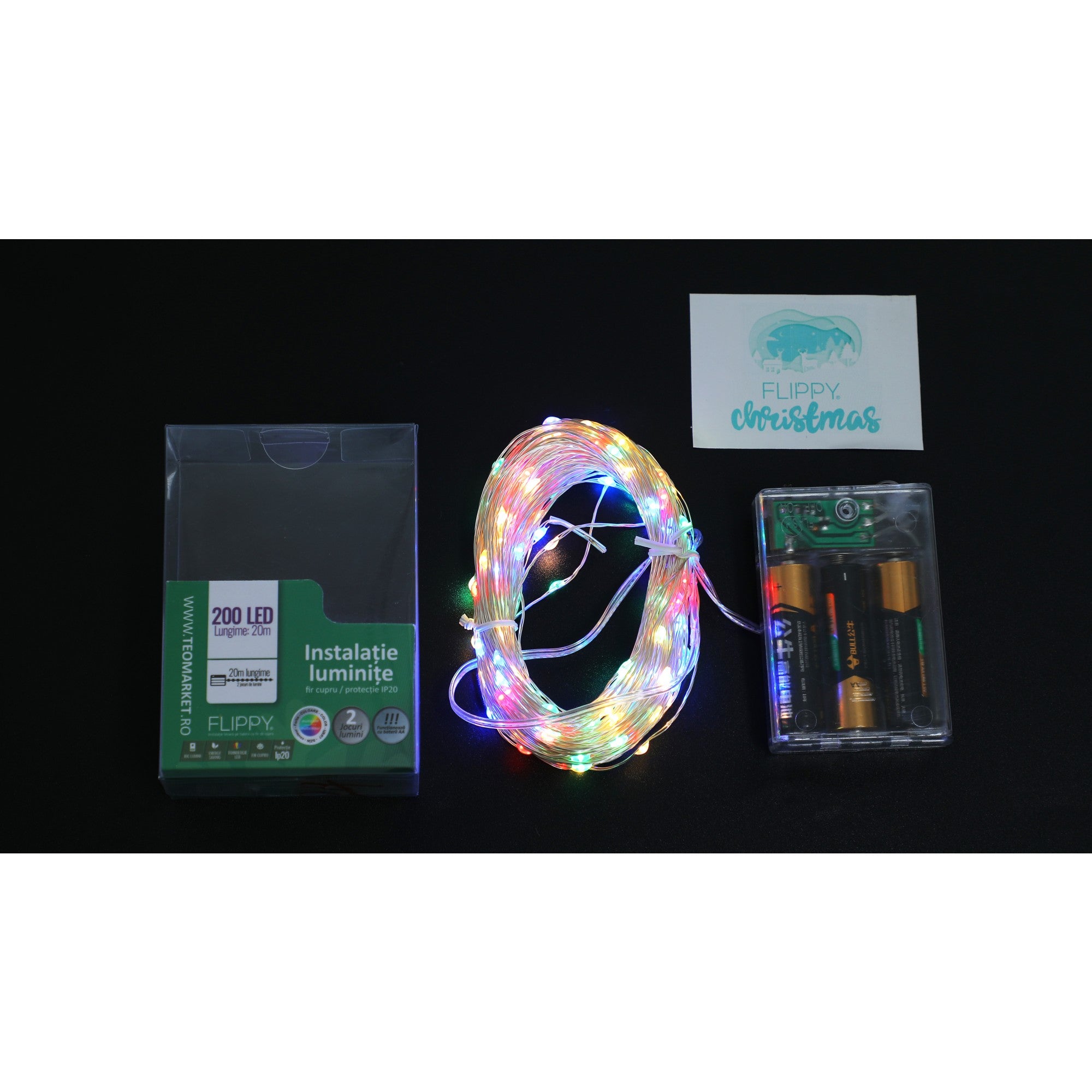 Instalatie de Craciun, Liniara, 20 m, Baterii, 200 LED-uri, Multicolor, 2 Jocuri de Lumini, Fir Cupru, Interior/Exterior, Flippy-8