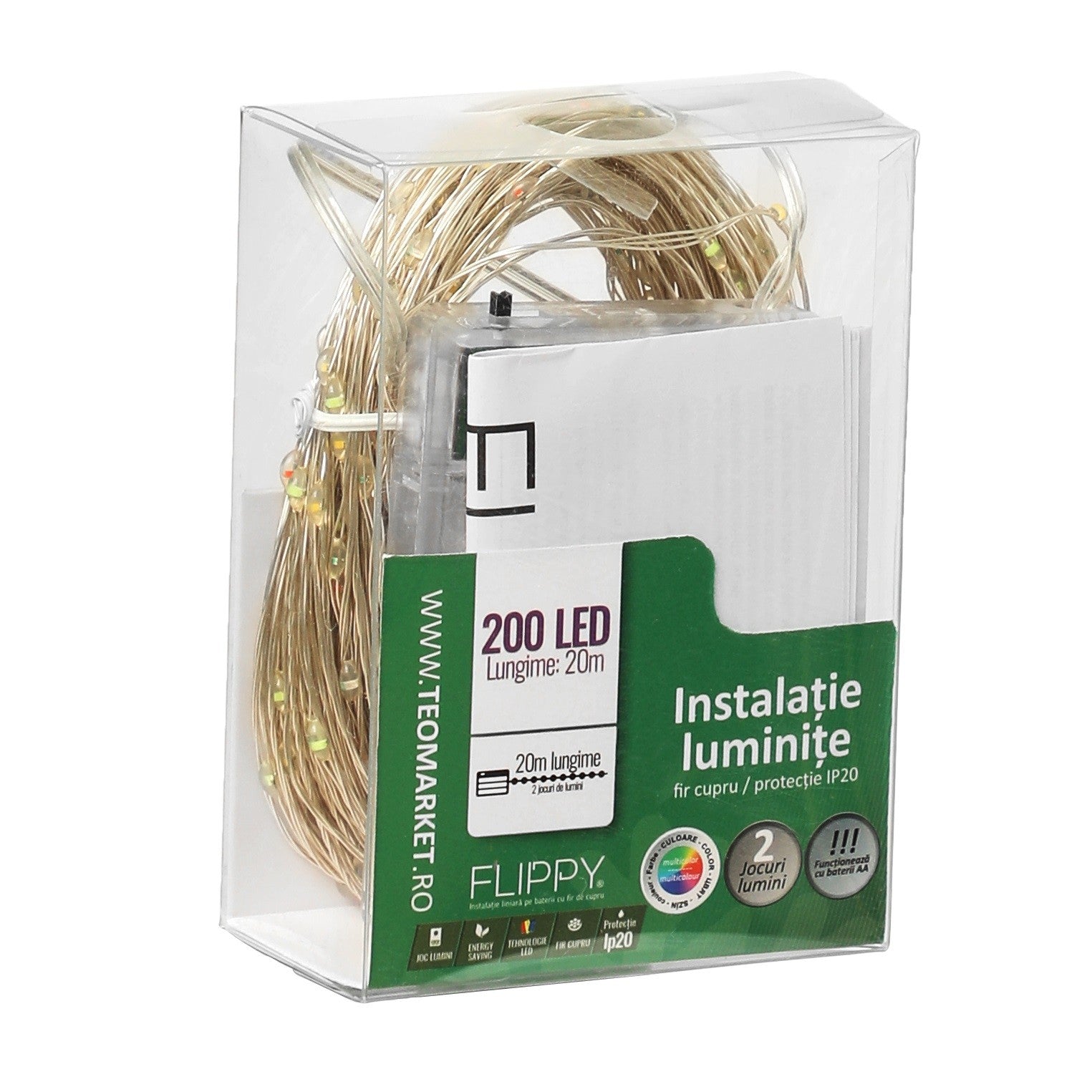 Instalatie de Craciun, Liniara, 20 m, Baterii, 200 LED-uri, Multicolor, 2 Jocuri de Lumini, Fir Cupru, Interior/Exterior, Flippy-5