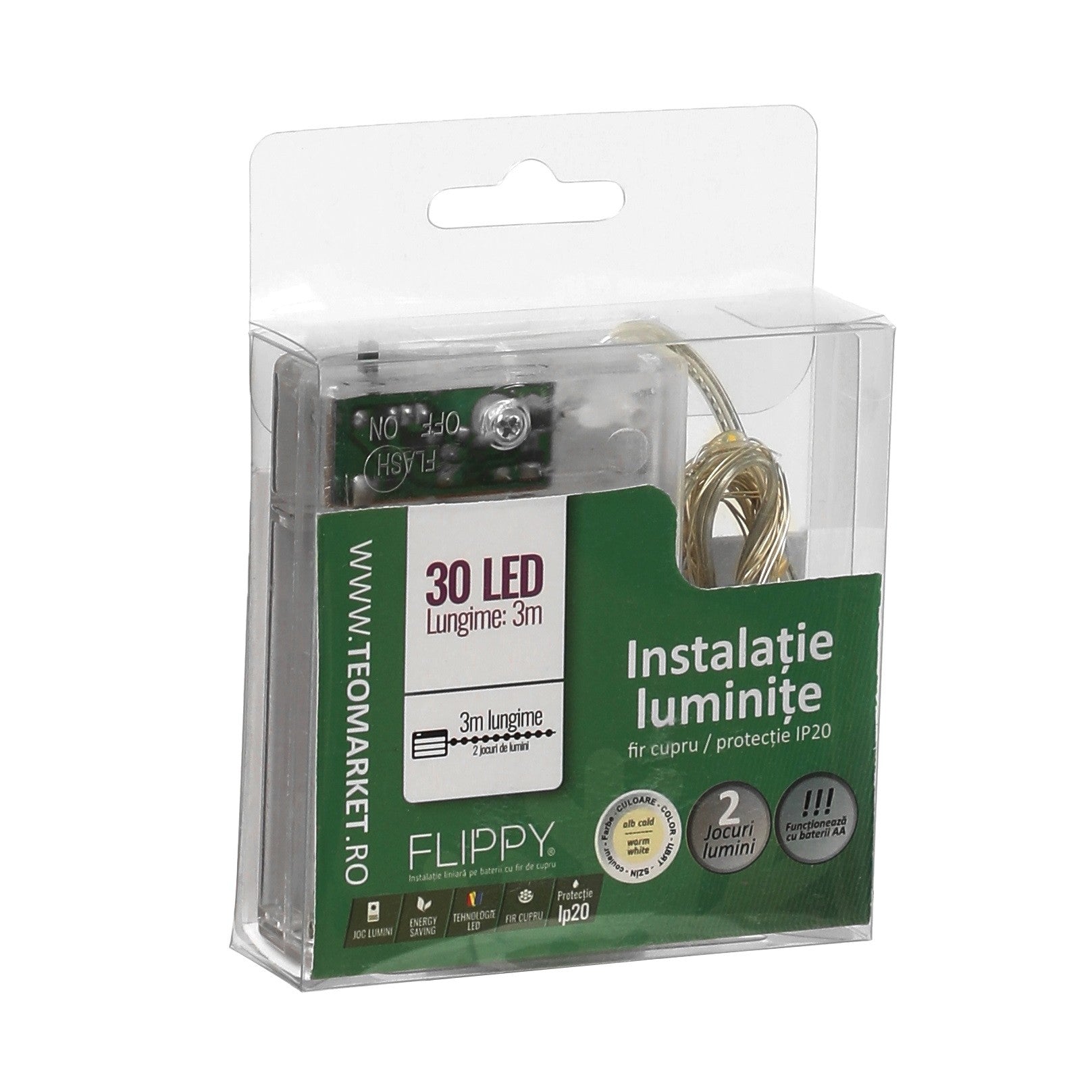 Instalatie de Craciun cu Baterii Tip Liniar, 2 jocuri de lumini, Fir Cupru 3 m 30 LED -uri, Alb Cald-0