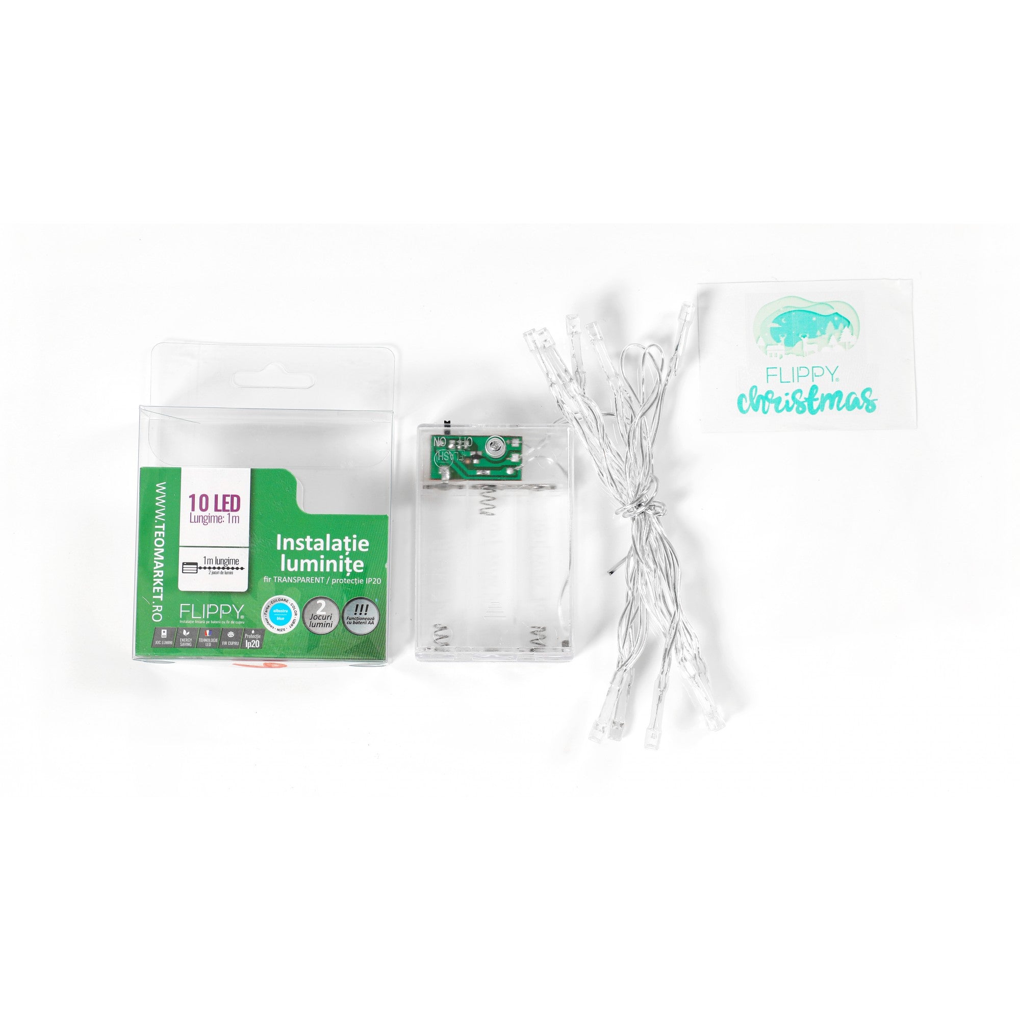 Instalatie de Craciun cu Baterii Tip Liniar, 2 jocuri de lumini, Fir transparent 1 m 10 LED -uri, Albastru-1