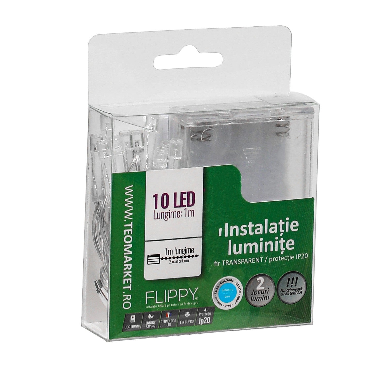Instalatie de Craciun cu Baterii Tip Liniar, 2 jocuri de lumini, Fir transparent 1 m 10 LED -uri, Albastru-5