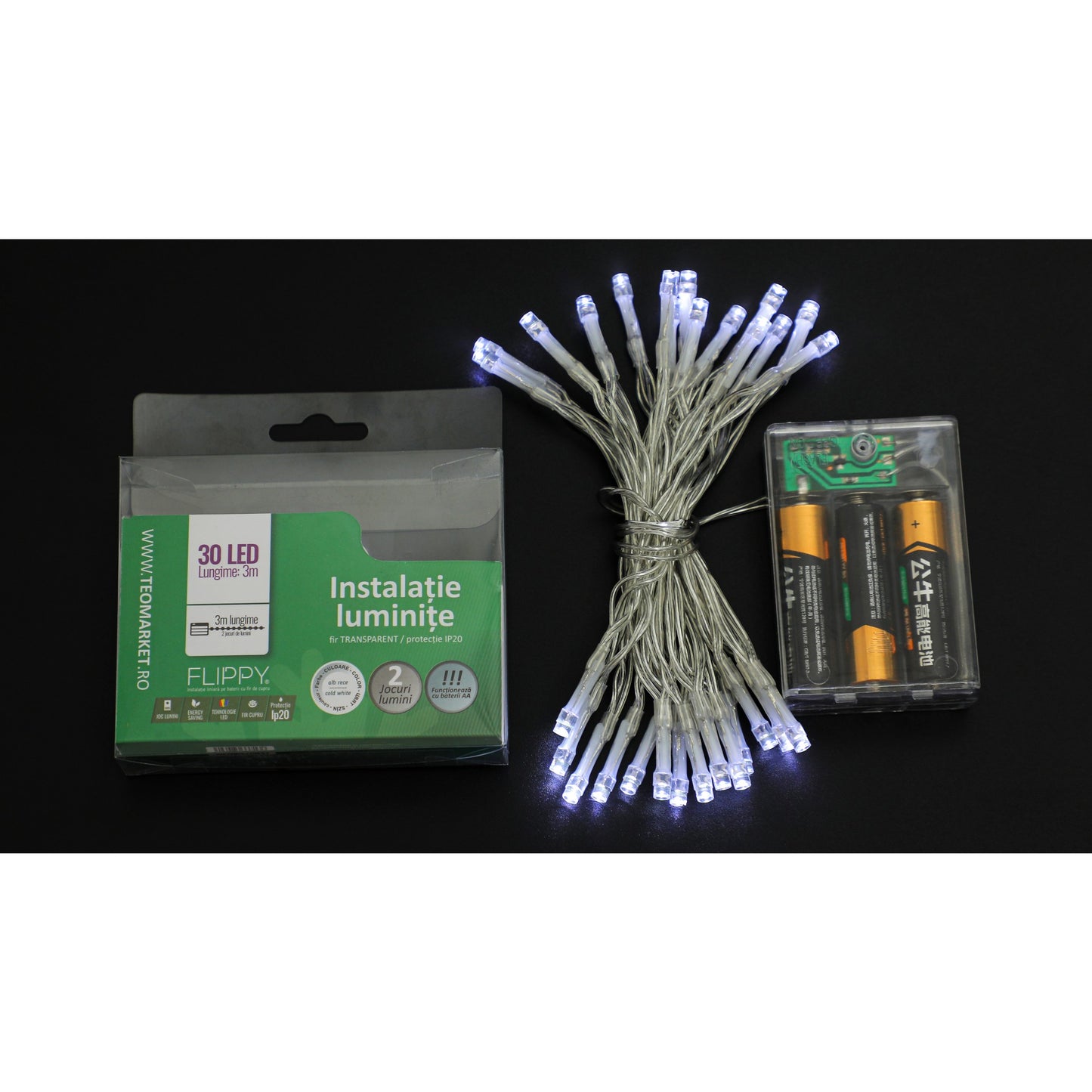 Instalatie de Craciun cu Baterii Tip Liniar, 2 jocuri de lumini, Fir Transparent 3 m 30 LED -uri, Alb Rece-5