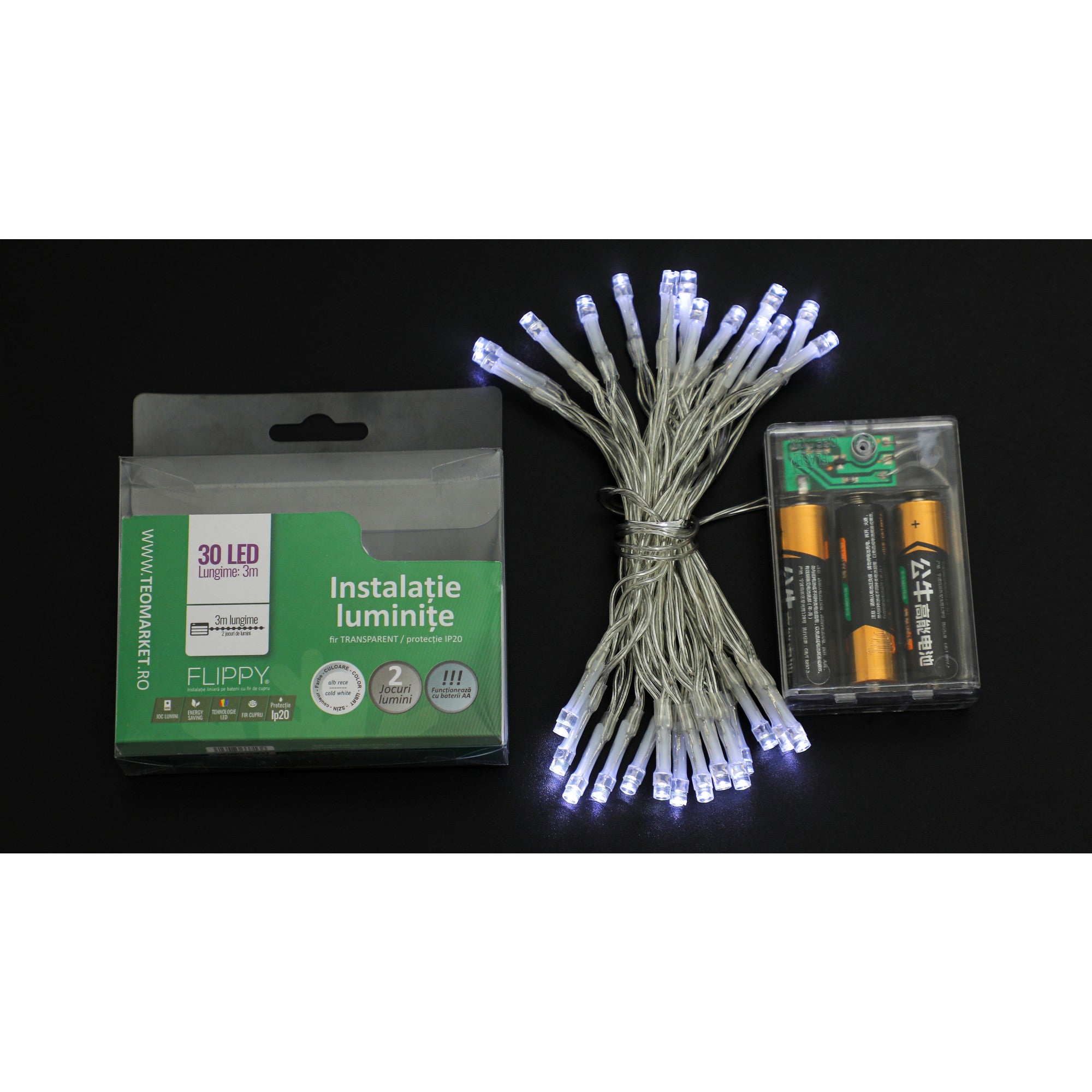 Instalatie de Craciun cu Baterii Tip Liniar, 2 jocuri de lumini, Fir Transparent 3 m 30 LED -uri, Alb Rece-5