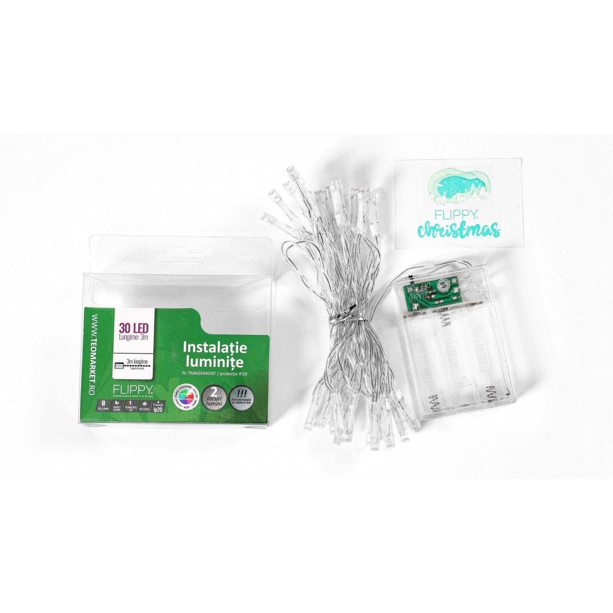 Instalatie de Craciun cu Baterii Tip Liniar, 2 jocuri de lumini, Fir Transparent 3 m 30 LED -uri, Multicolor-5
