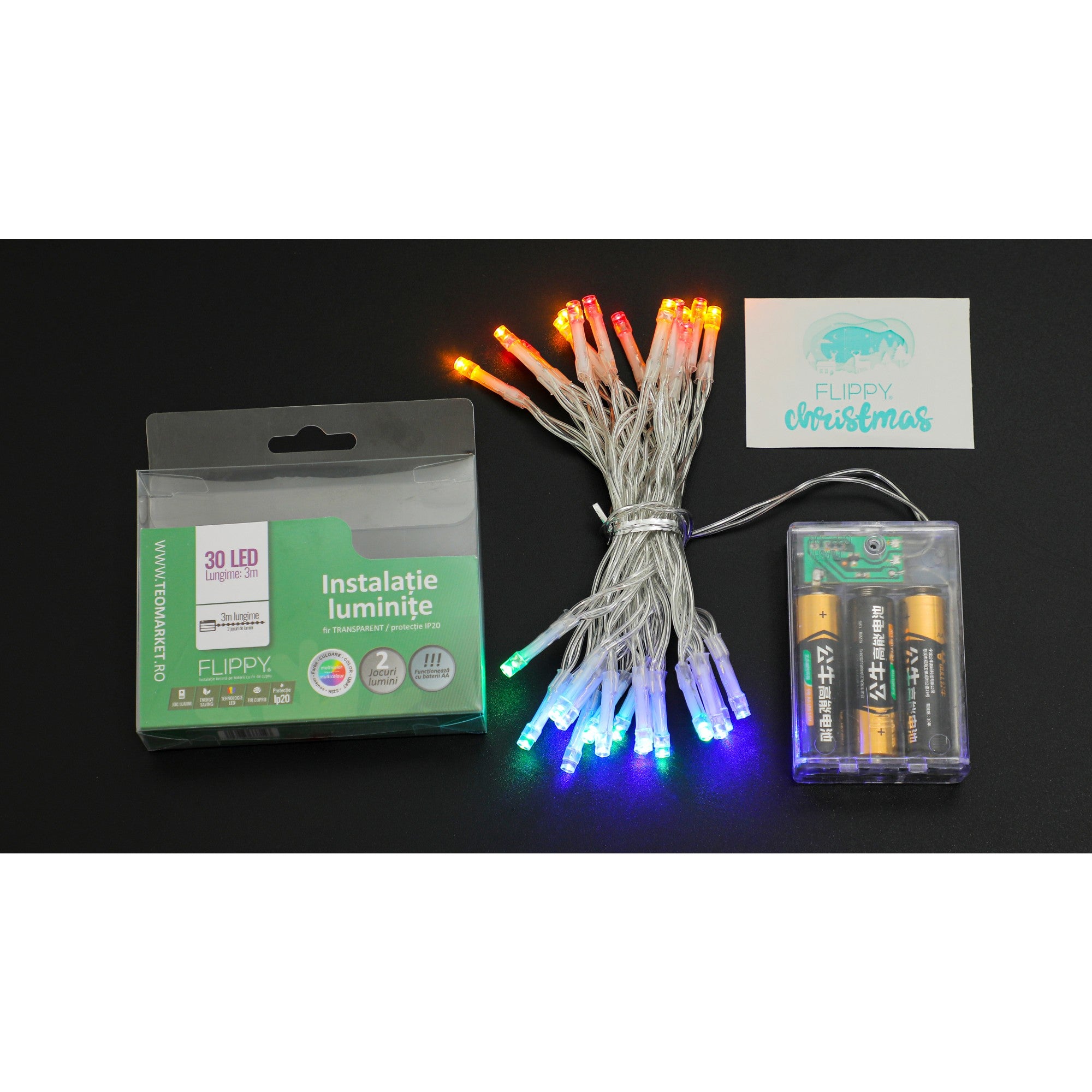 Instalatie de Craciun cu Baterii Tip Liniar, 2 jocuri de lumini, Fir Transparent 3 m 30 LED -uri, Multicolor-7