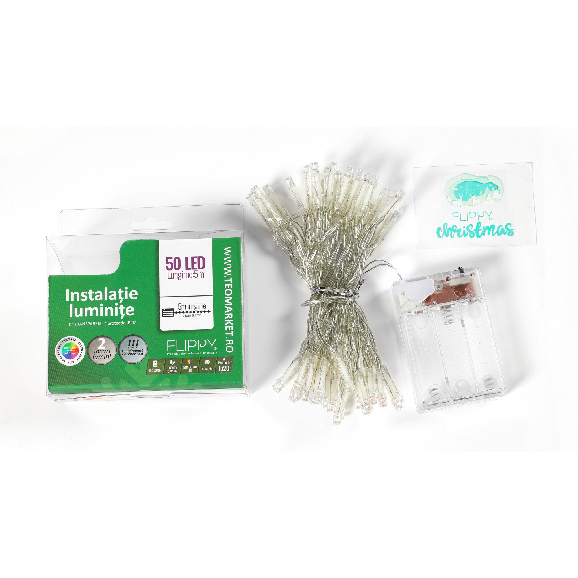 Instalatie de Craciun cu Baterii Tip Liniar, 2 jocuri de lumini, Fir Transparent 5 m 50 LED -uri, Multicolor-6