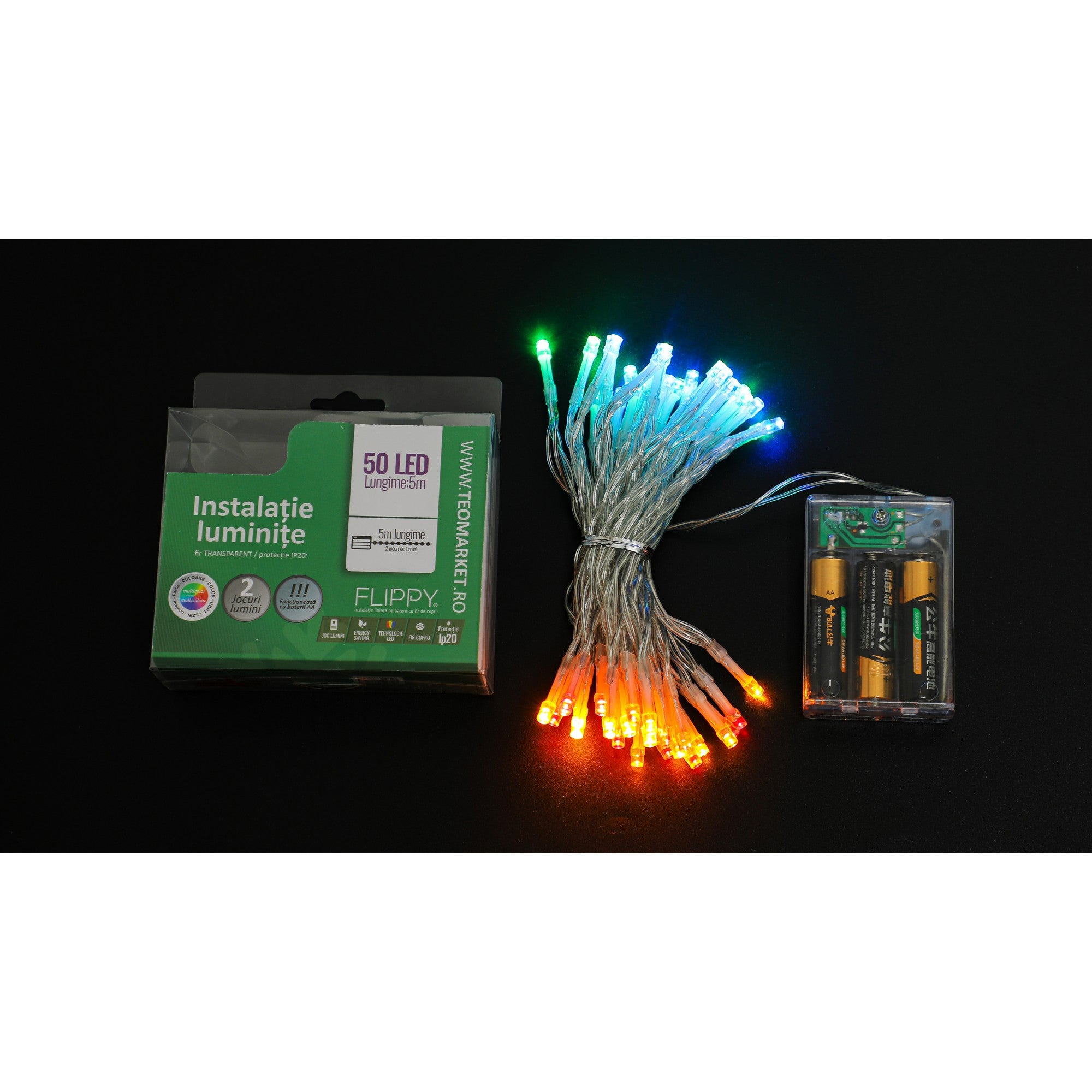 Instalatie de Craciun cu Baterii Tip Liniar, 2 jocuri de lumini, Fir Transparent 5 m 50 LED -uri, Multicolor-9