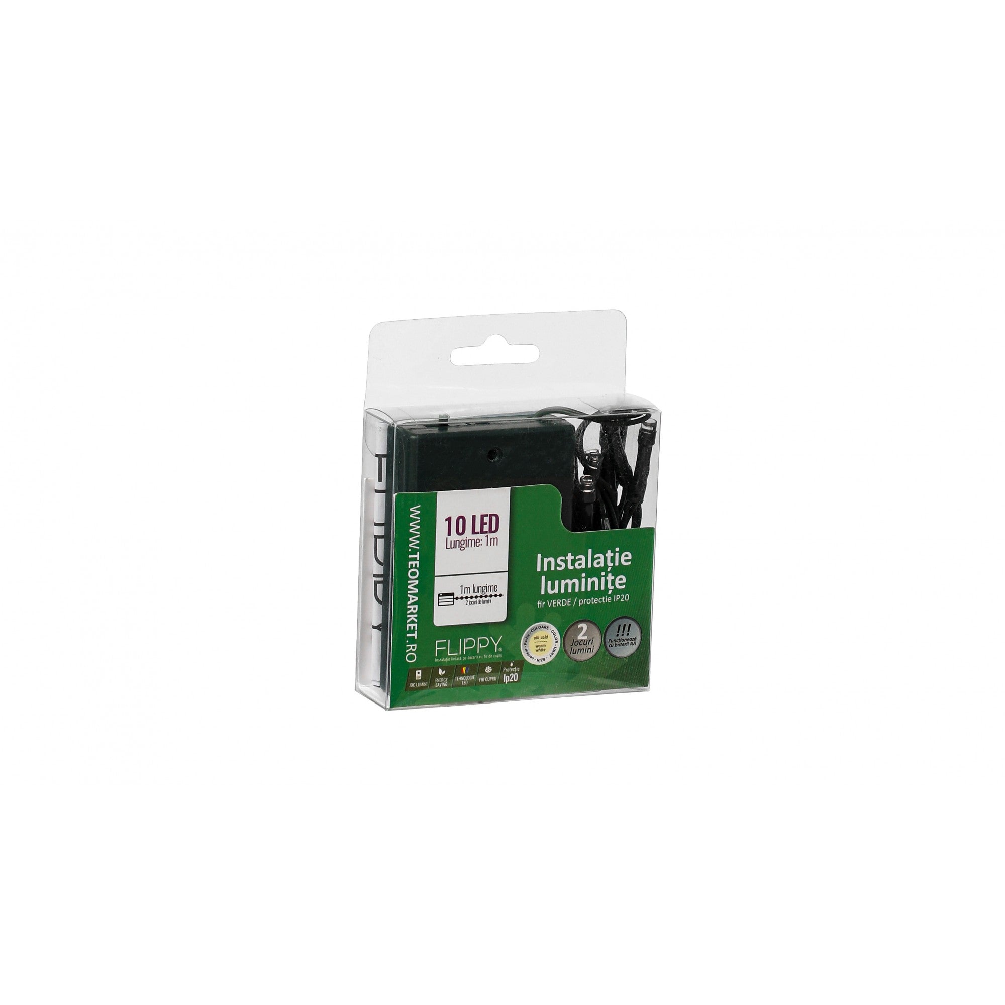 Instalatie de Craciun cu Baterii Tip Liniar, 2 jocuri de lumini, Fir Verde 1 m 10 LED -uri, Alb Cald-3