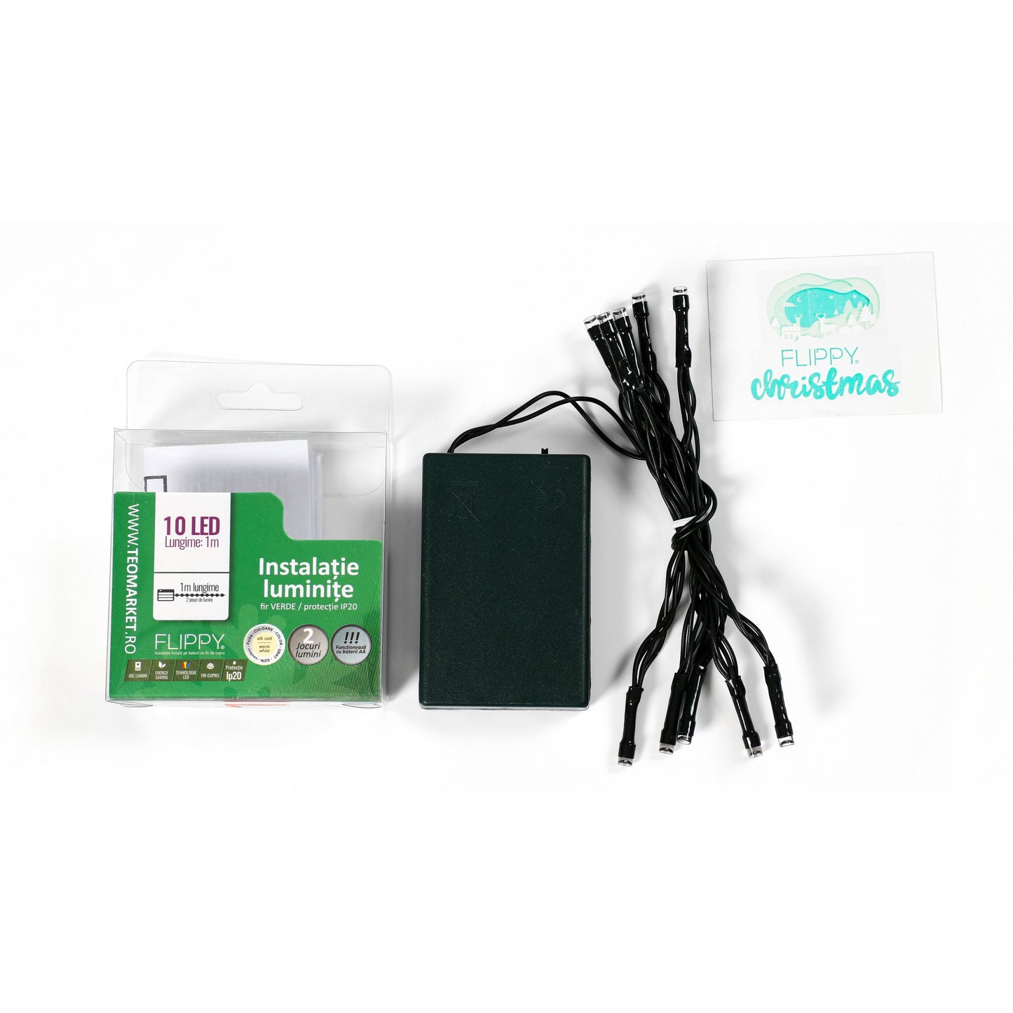 Instalatie de Craciun cu Baterii Tip Liniar, 2 jocuri de lumini, Fir Verde 1 m 10 LED -uri, Alb Cald-4