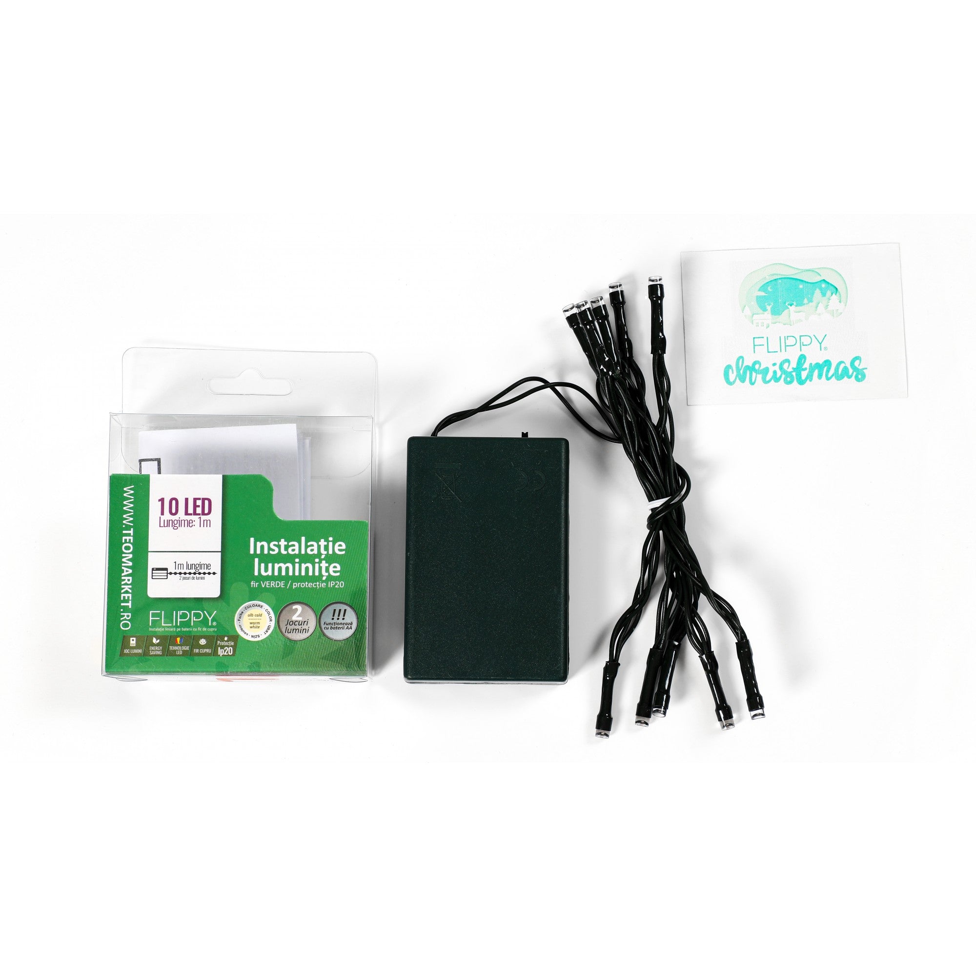 Instalatie de Craciun cu Baterii Tip Liniar, 2 jocuri de lumini, Fir Verde 1 m 10 LED -uri, Alb Cald-4