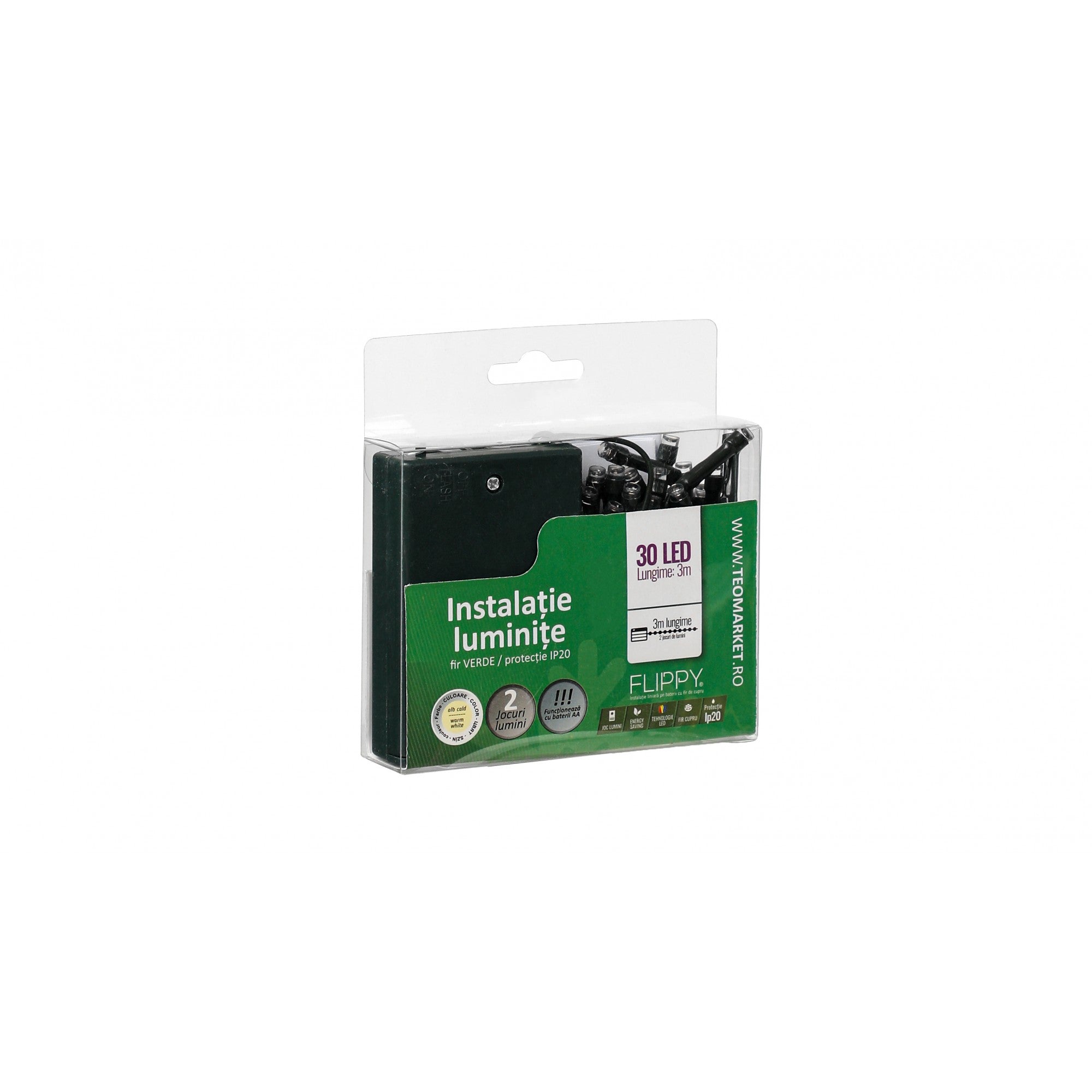 Instalatie de Craciun cu Baterii Tip Liniar, 2 jocuri de lumini, Fir Verde 3 m 30 LED -uri, Alb Cald-3