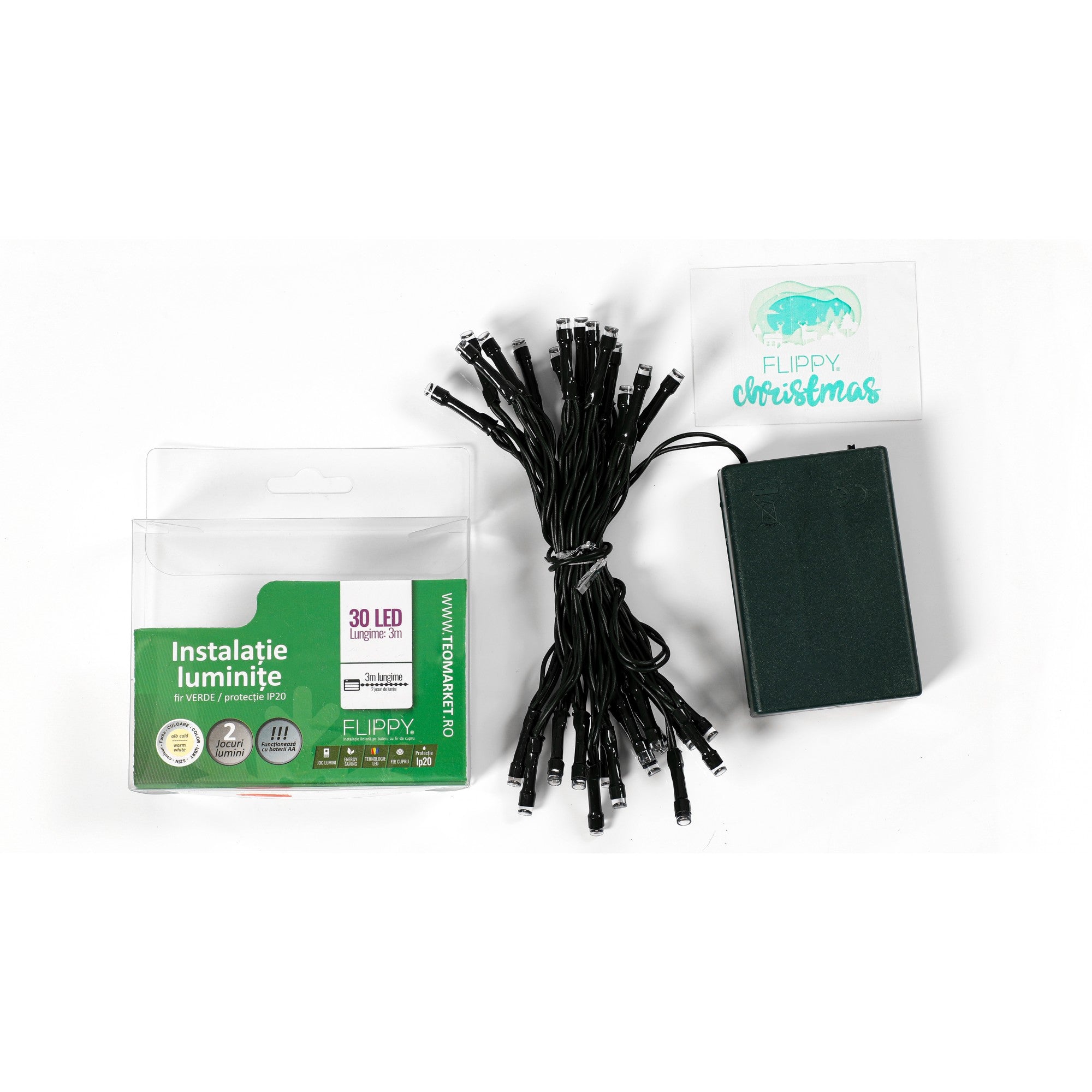 Instalatie de Craciun cu Baterii Tip Liniar, 2 jocuri de lumini, Fir Verde 3 m 30 LED -uri, Alb Cald-4