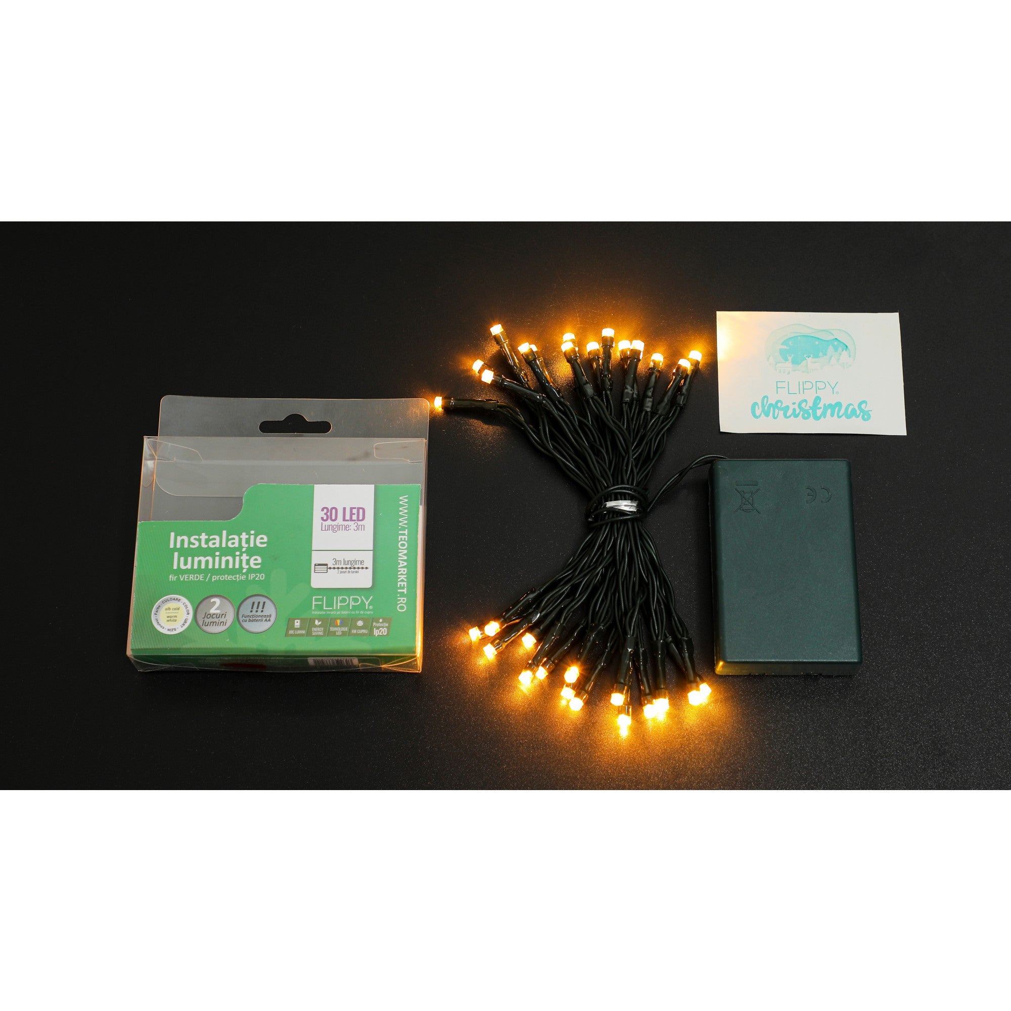 Instalatie de Craciun cu Baterii Tip Liniar, 2 jocuri de lumini, Fir Verde 3 m 30 LED -uri, Alb Cald-7