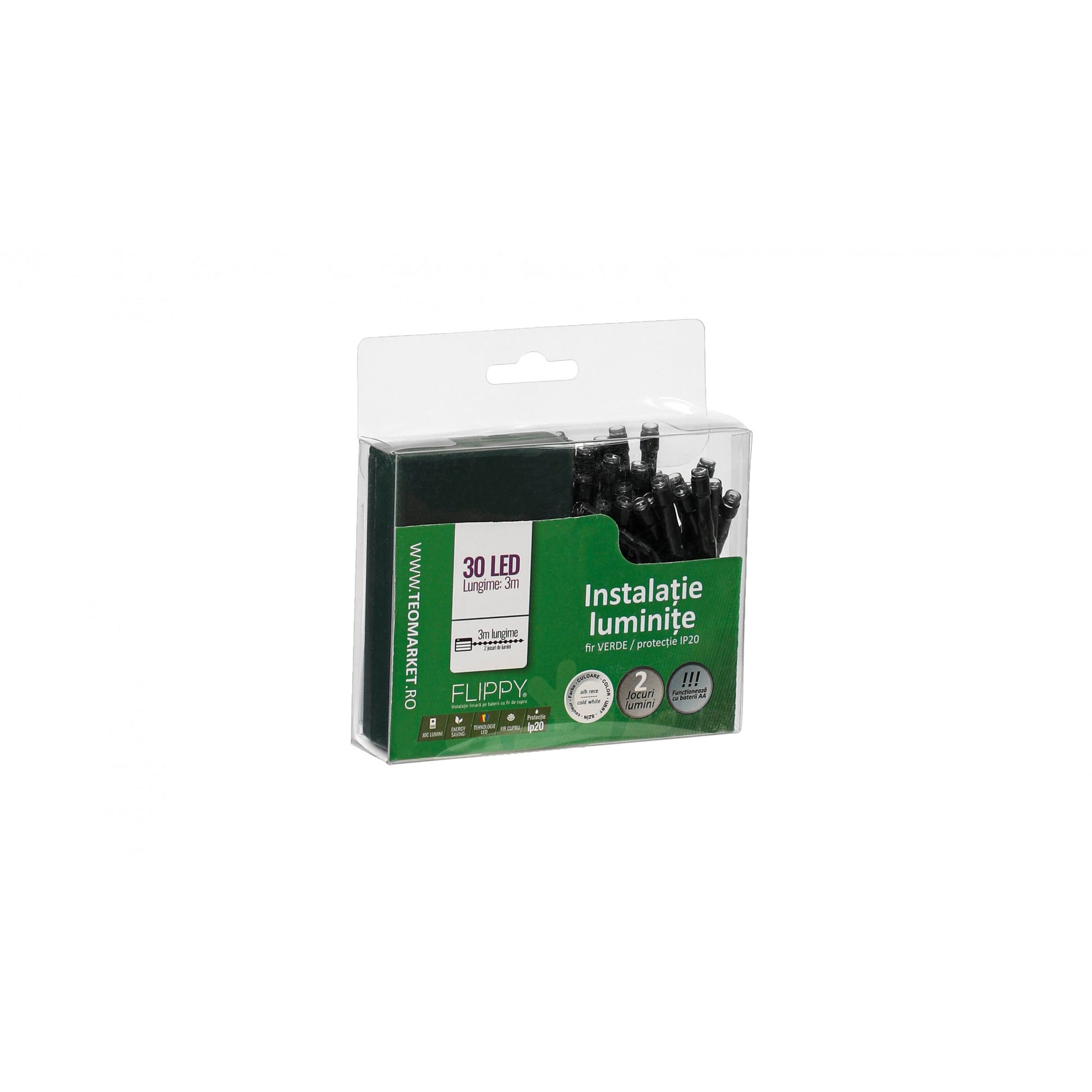 Instalatie de Craciun cu Baterii Tip Liniar, 2 jocuri de lumini, Fir Verde 3 m 30 LED -uri, Alb Rece-3