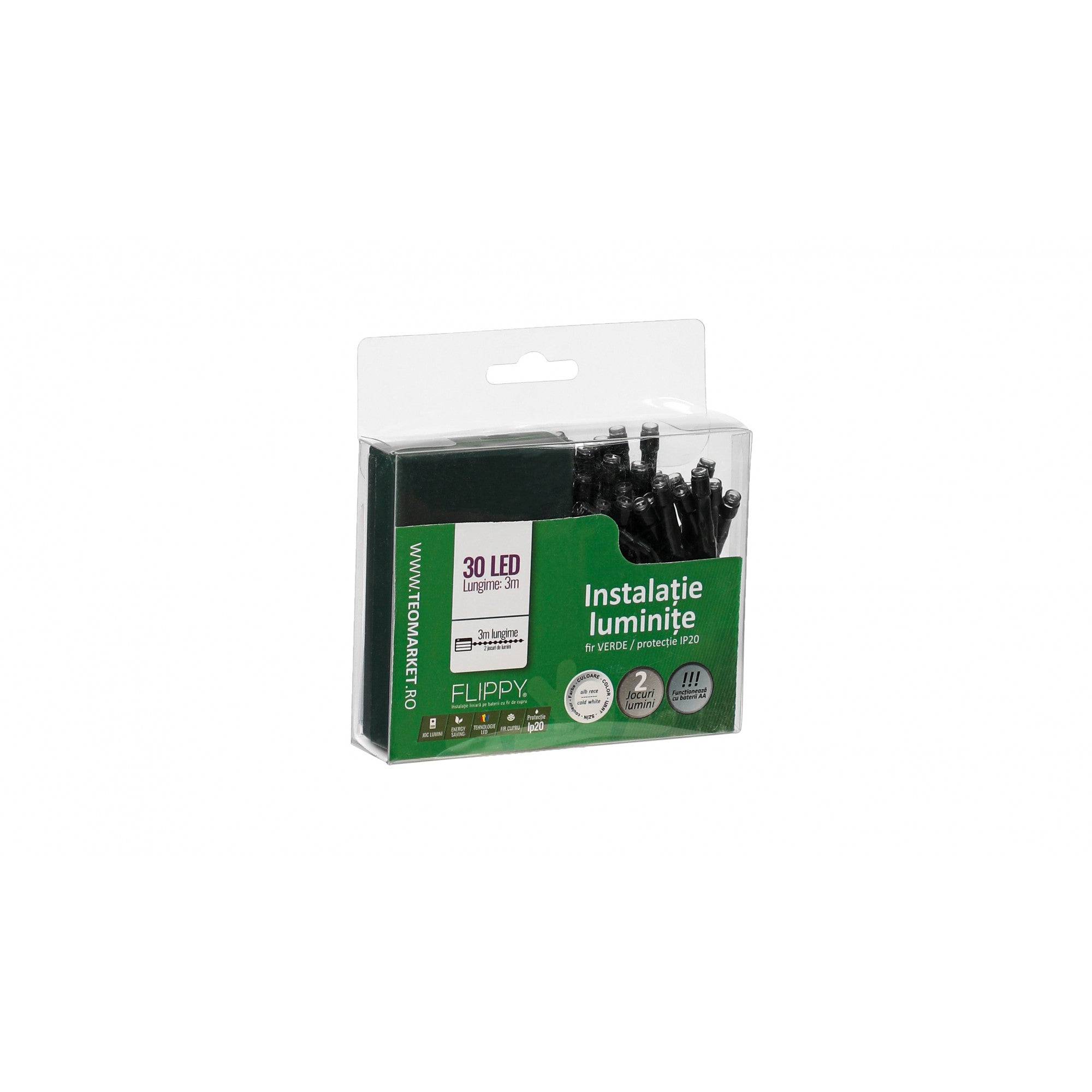 Instalatie de Craciun cu Baterii Tip Liniar, 2 jocuri de lumini, Fir Verde 3 m 30 LED -uri, Alb Rece-3