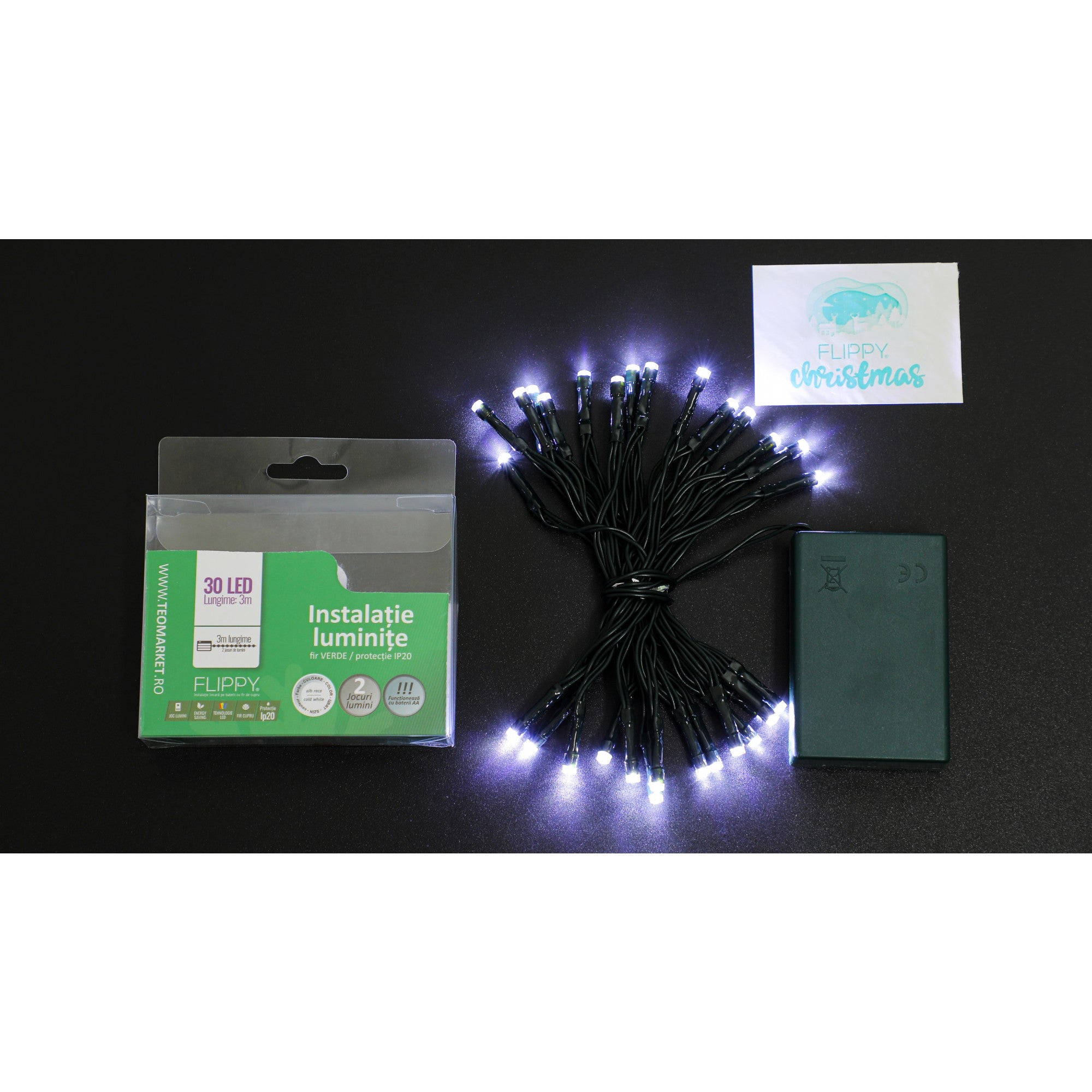 Instalatie de Craciun cu Baterii Tip Liniar, 2 jocuri de lumini, Fir Verde 3 m 30 LED -uri, Alb Rece-6
