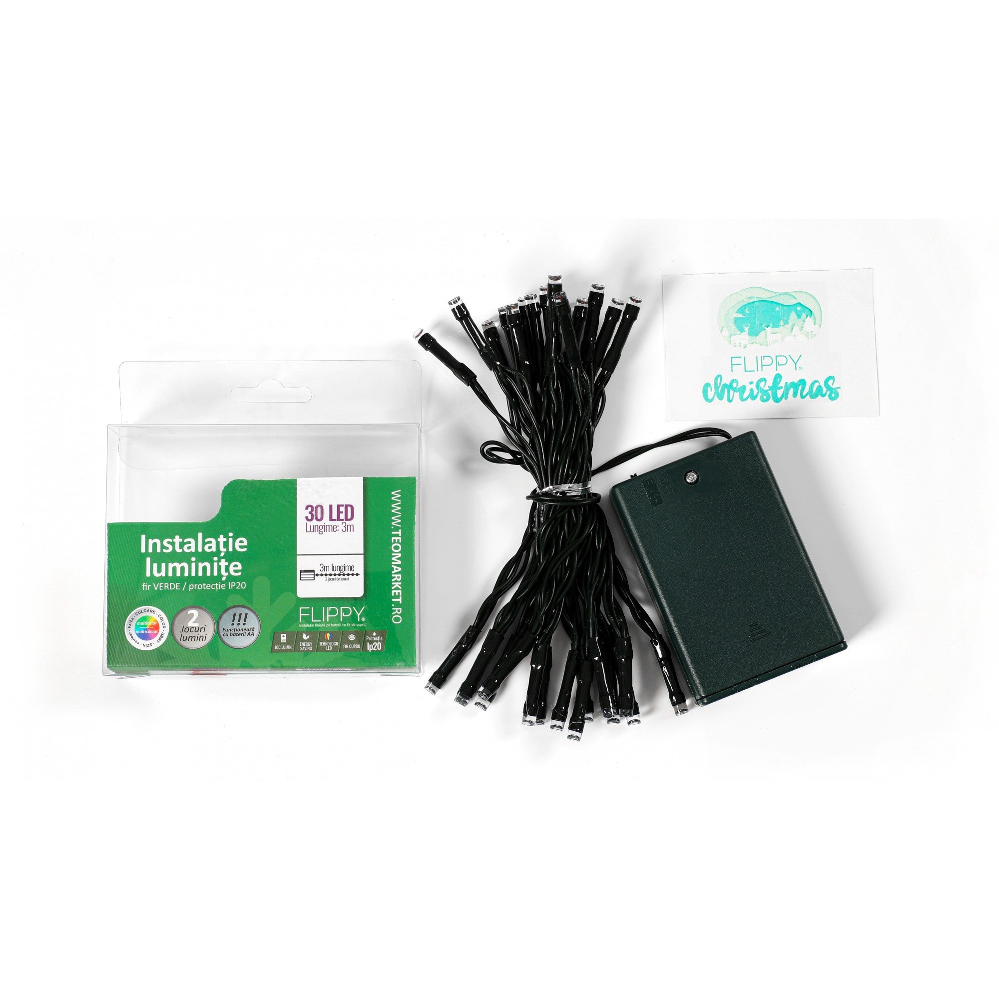 Instalatie de Craciun cu Baterii Tip Liniar, 2 jocuri de lumini, Fir Verde 3 m 30 LED -uri, Multicolor-3