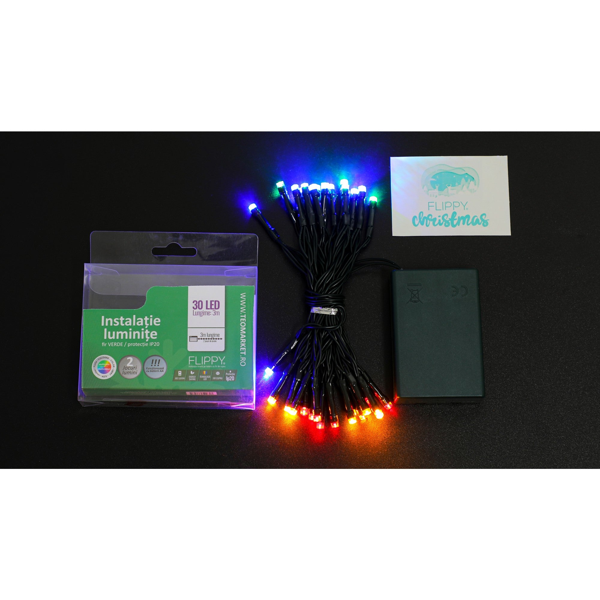 Instalatie de Craciun cu Baterii Tip Liniar, 2 jocuri de lumini, Fir Verde 3 m 30 LED -uri, Multicolor-5